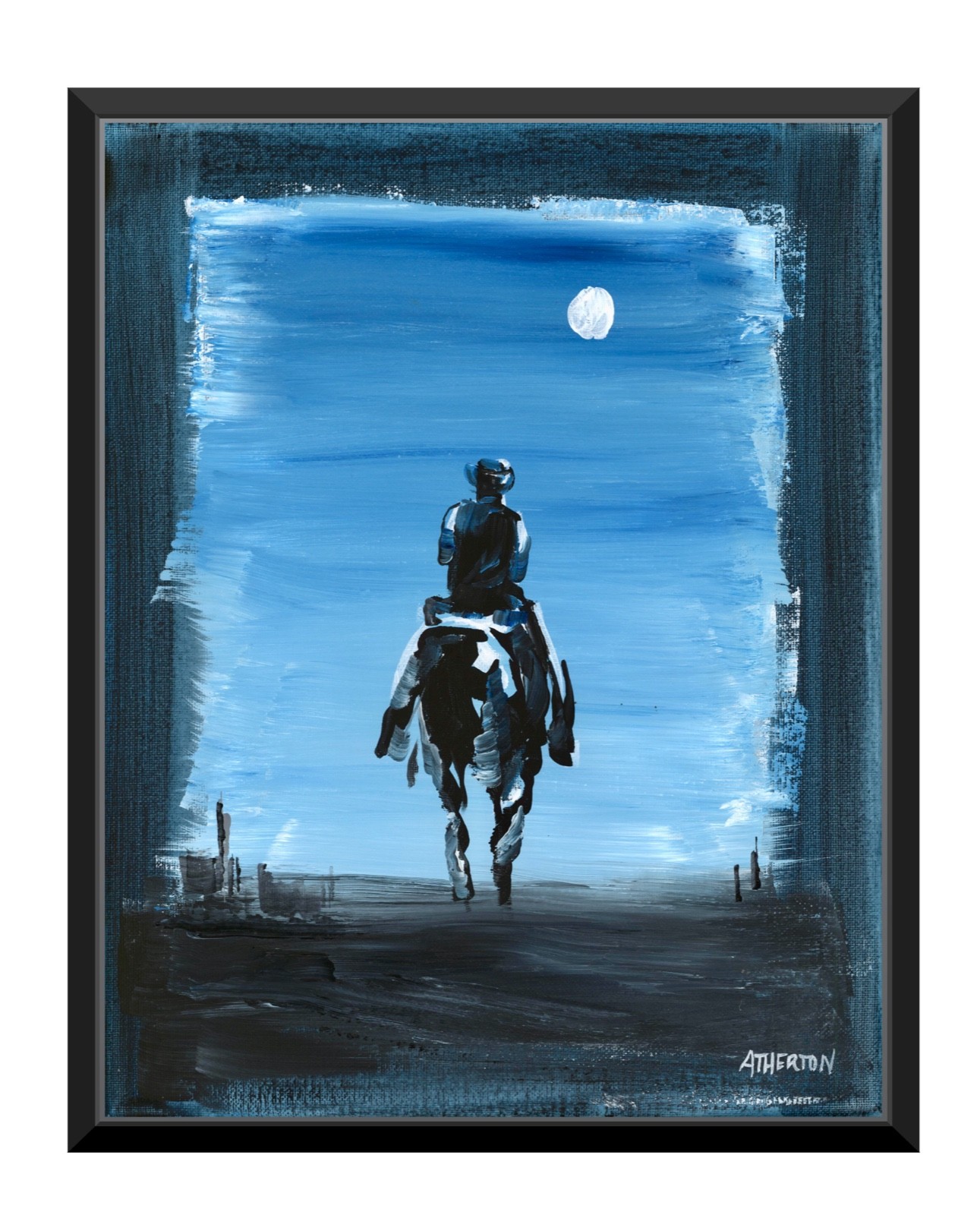 11×14 Atherton Original Cowboy Moonlight Painting Western Horse Rider Art