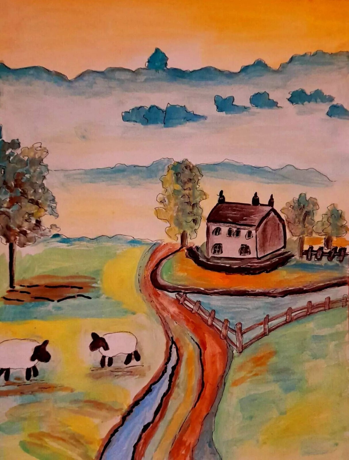Scotland Morning Painting Scandinavian Mists Sheep Art Landscape English Fields