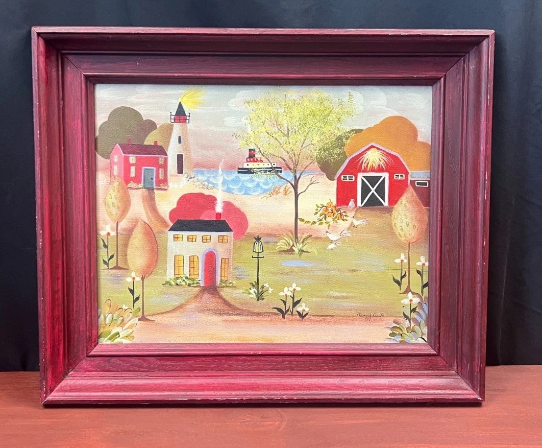 Vintage Folk Art Original Oil Painting Barn Lighthouse Signed Mary Duke