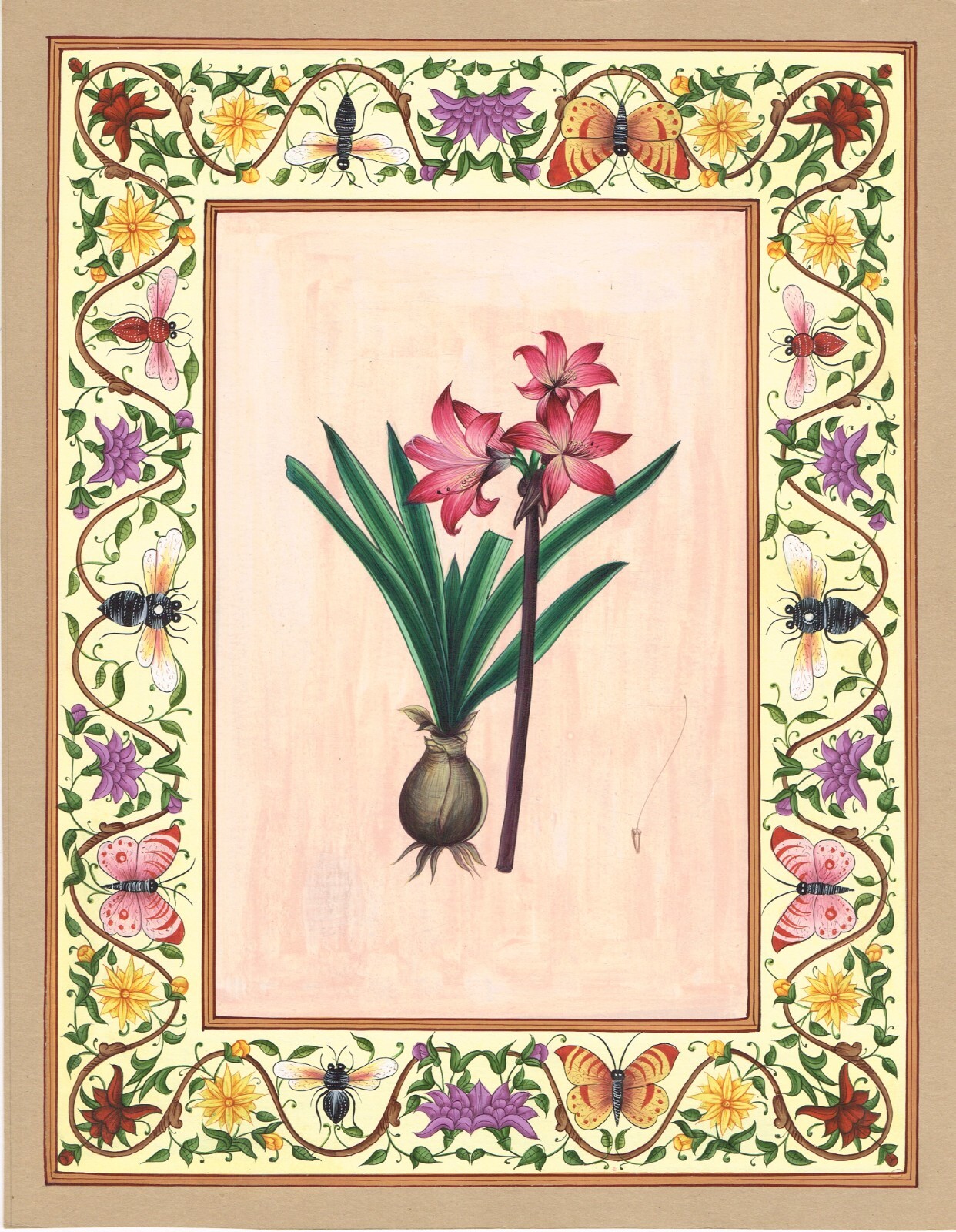 Belladonna Lily Floral Flower Painting Hand Miniature Folk Art 10.5×13.5 Inches