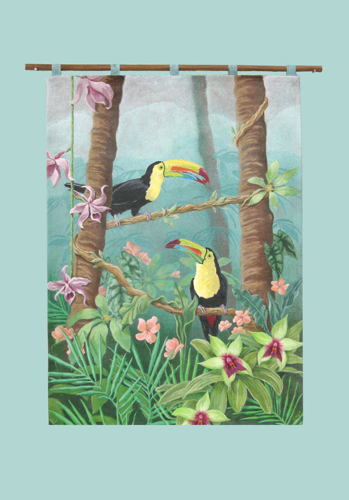 Original Painted Tapestry of Jungle Tucans-Wall Hanging-Flowers-Nature-Birds