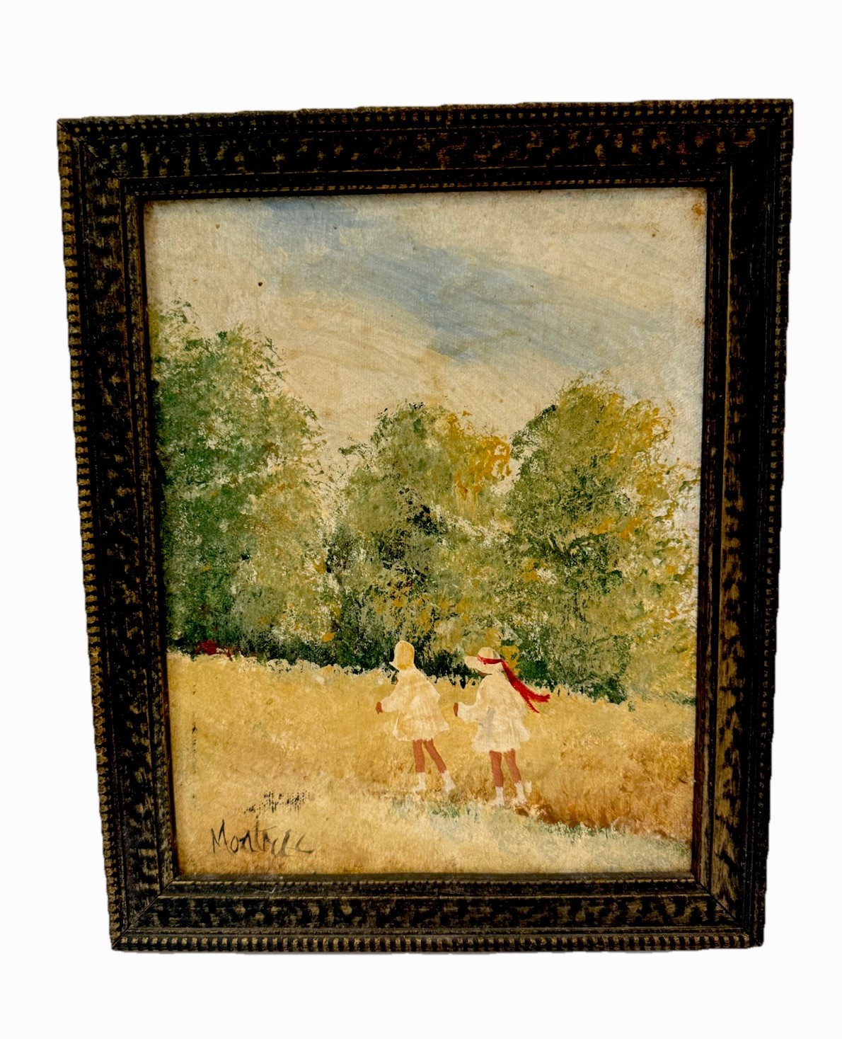 Original E. J. Montrec Oil On Canvas Painting Impressionist Children Frame