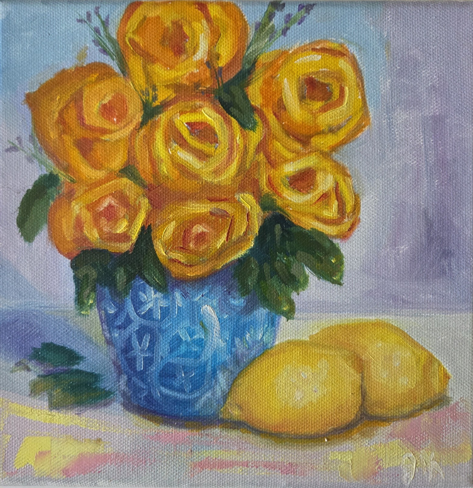 Original Oil Painting 8×8 Yellow Roses Van Gogh Style Small Art Blue Vase