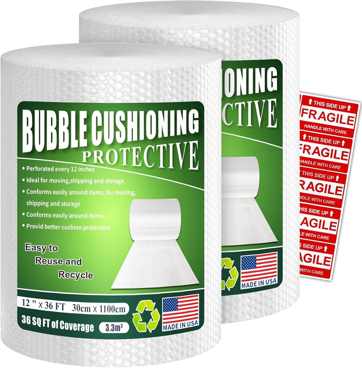Heavy Duty Bubble Wrap Cushioning Roll 2 Pack 12 x 36 Perforated