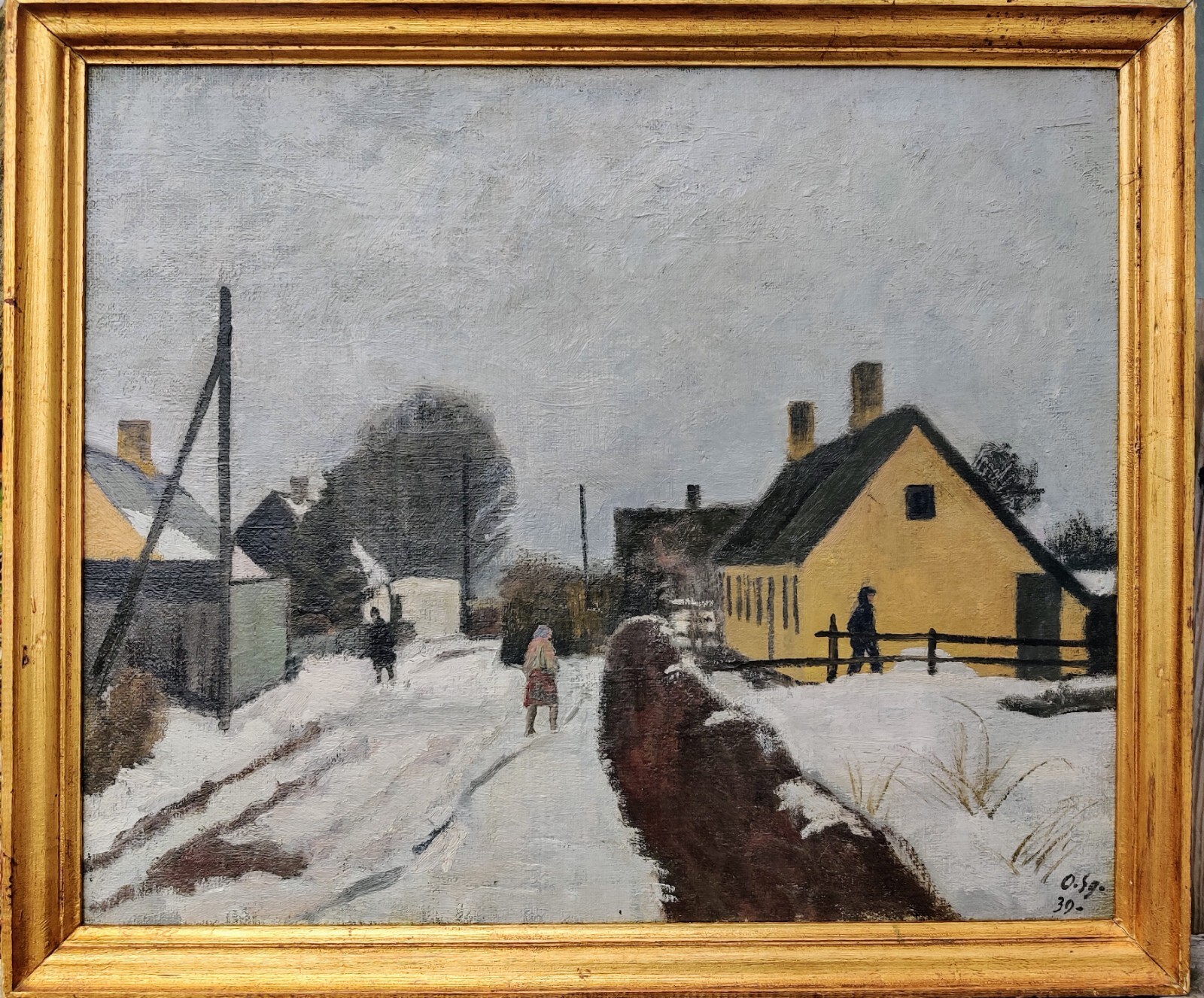 Ole Söndergaard (1876-1958): VILLAGE STREET ON A WINTER DAY, original oil, 1939