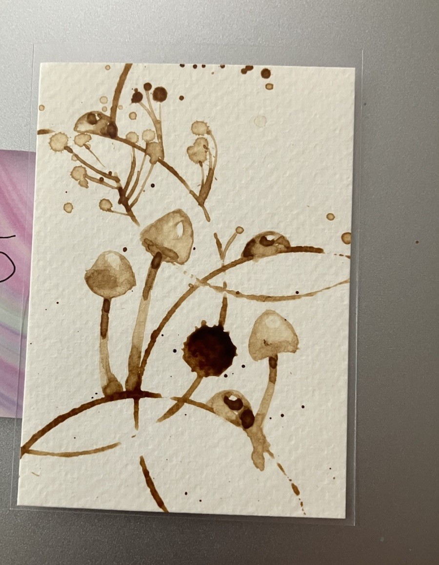 Original Mushrooms Coffee Painting Aceo Ladybug Java Lover ATC Art Gift Artwork