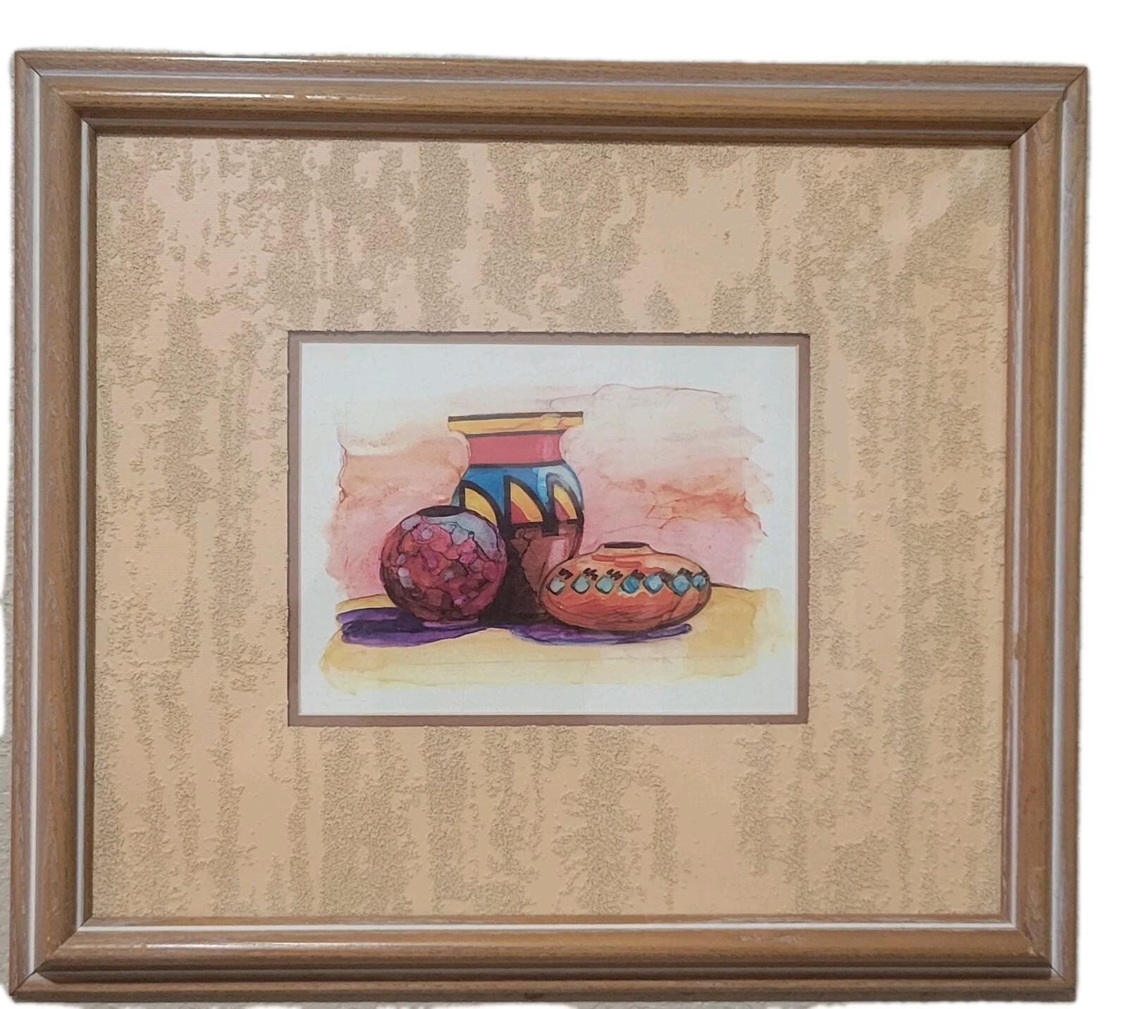 Wall Art Hand Painting Clay Pots Framed 14X16 Desert Moon Southwest Home Decor