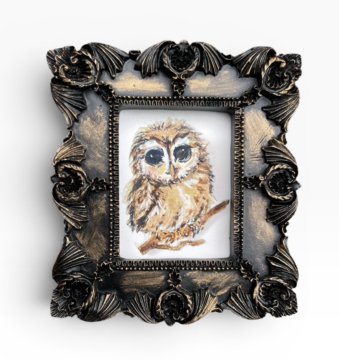 Owl watercolor bird print of original painting • vintage style ornate frame