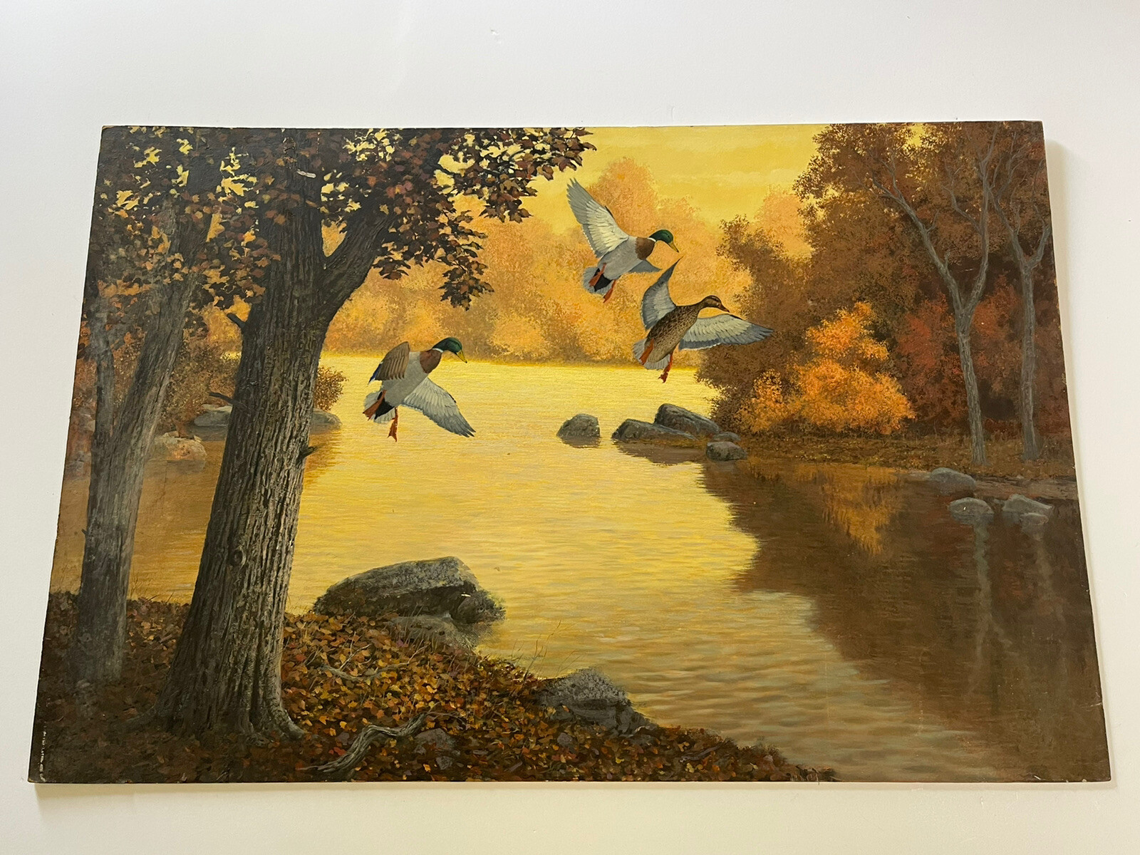 Russell Johnson Painting Wildlife Landscape Duck Lake Pond Realism Vintage LARGE