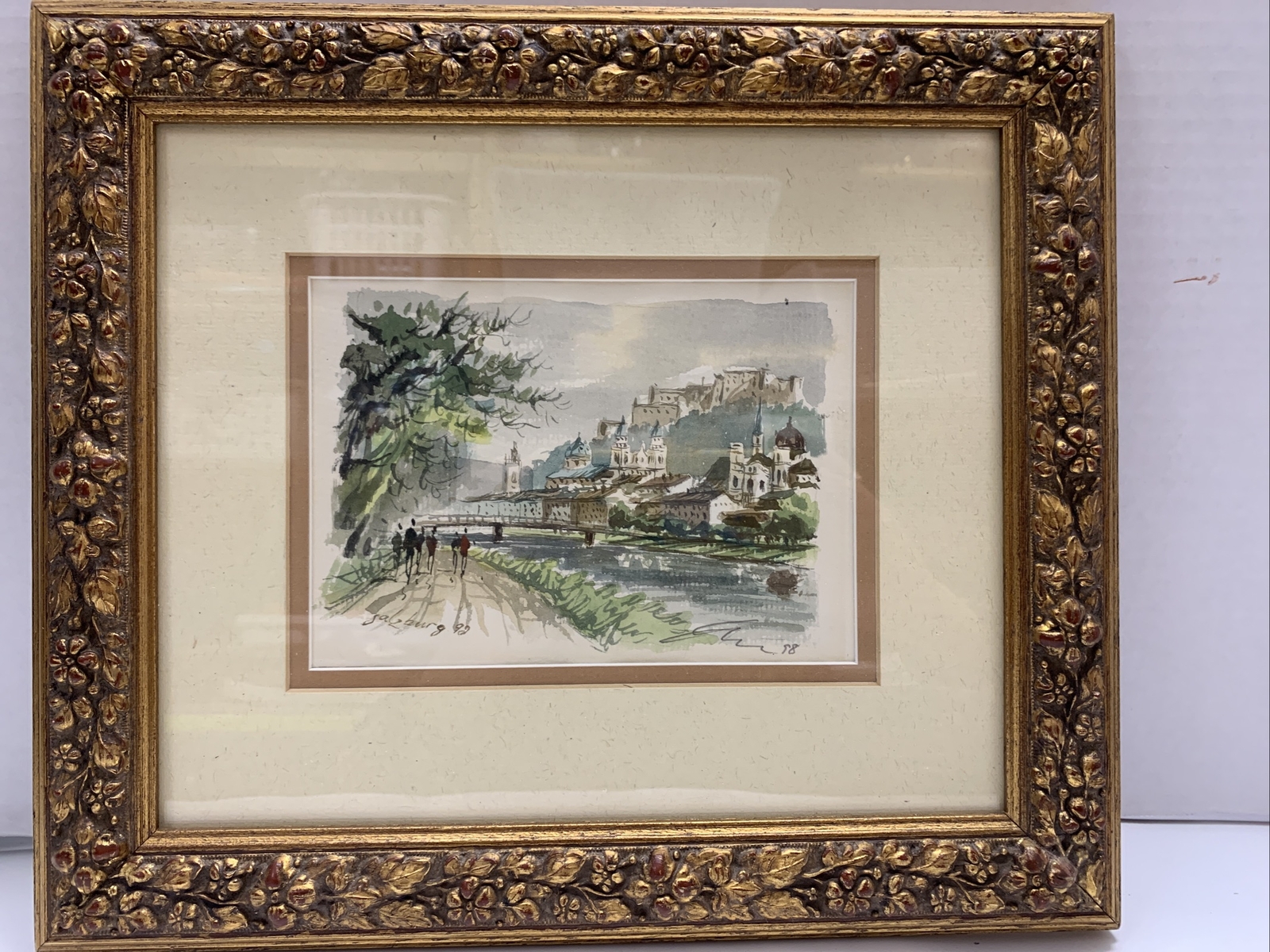 Saltzburg Marina Painting Harbor Watercolor Art Matted Framed 14×12” Germany