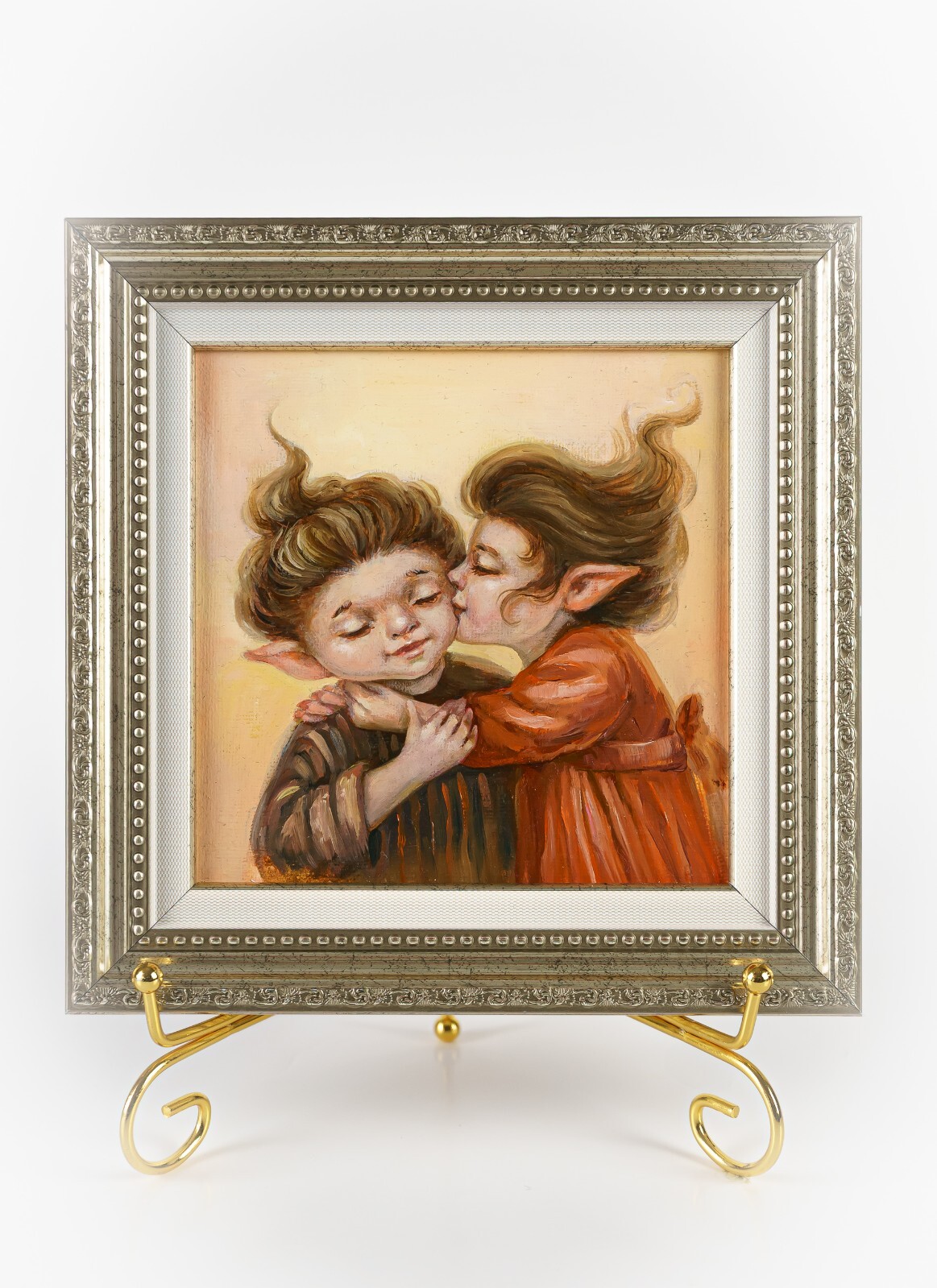 Framed original oil painting on canvas, Elves in love Miniature painting 6×6»