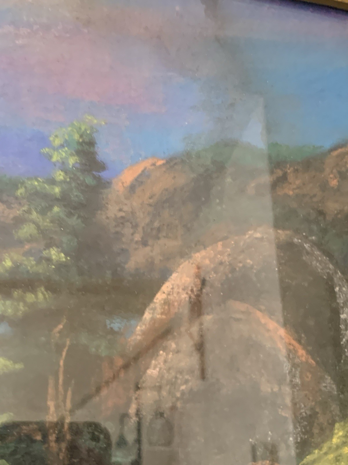 Antique Original Pastel Painting On Cardboard Landscape Mountain Lake Signed