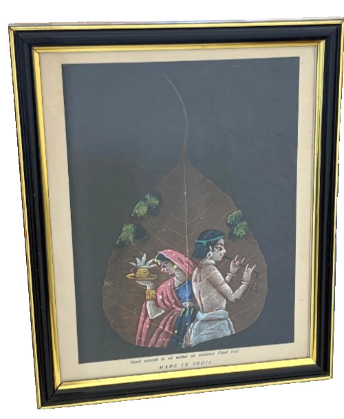 Vintage Hand Painted Skeleton Pipal Leaf Art Radha Krishna Indian Folk Painting