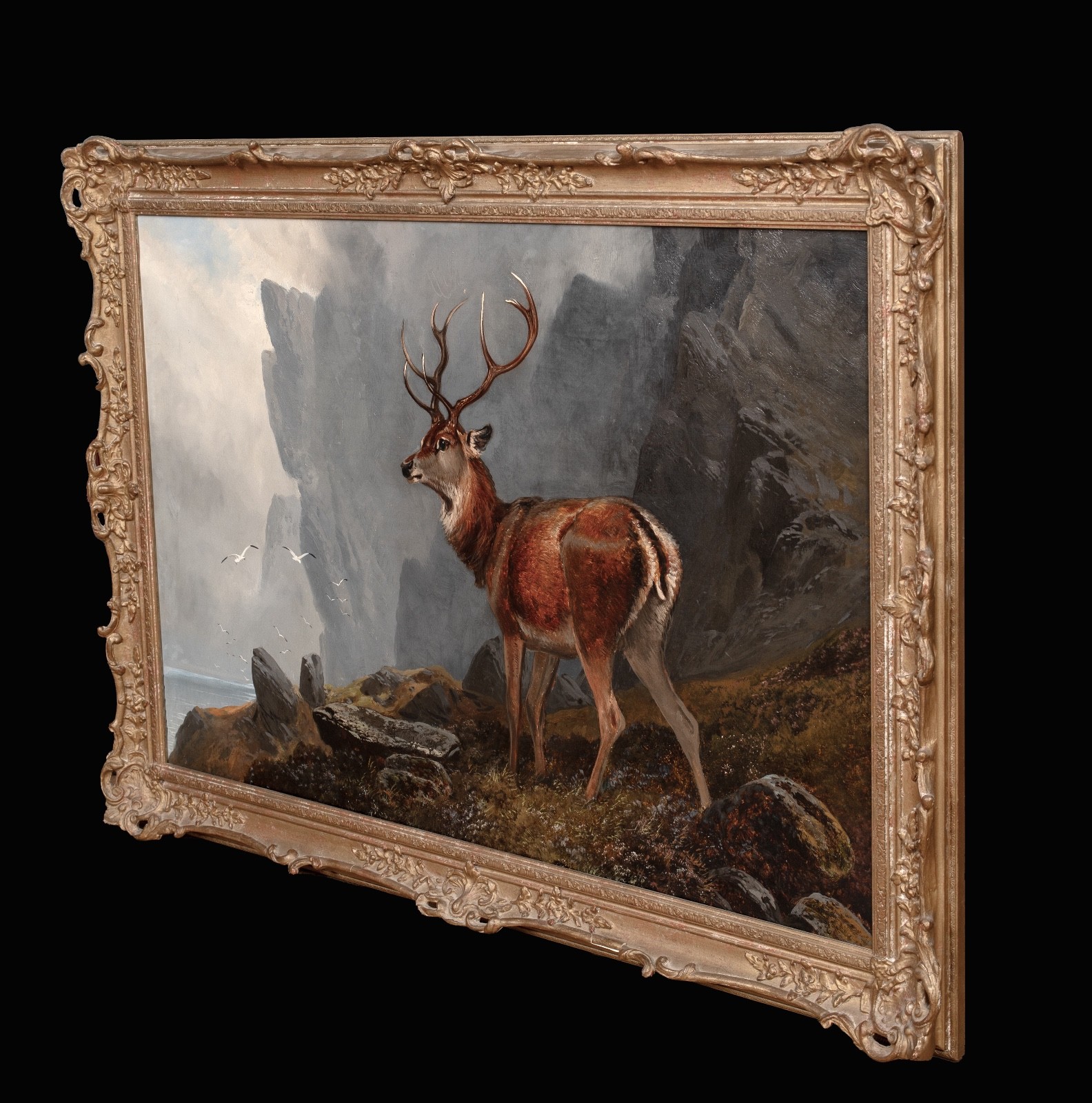 Large 19th century Scottish Highland Stag Loch Landscape by Clarence Henry Roe