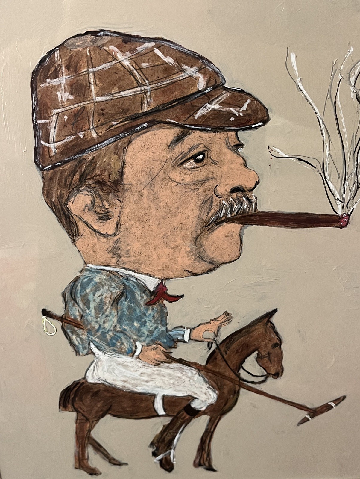 Original Polo Player Caricature Study on Board Pastel-Graphite-Gouache