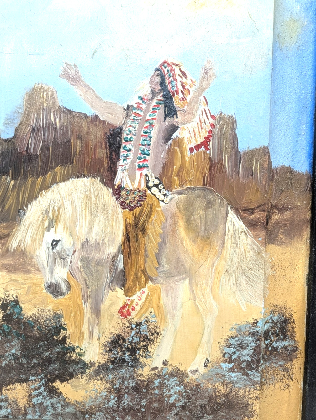 Original Hand-Painted Native Chief Oil on Vintage Cabinet Door Rustic Southwest