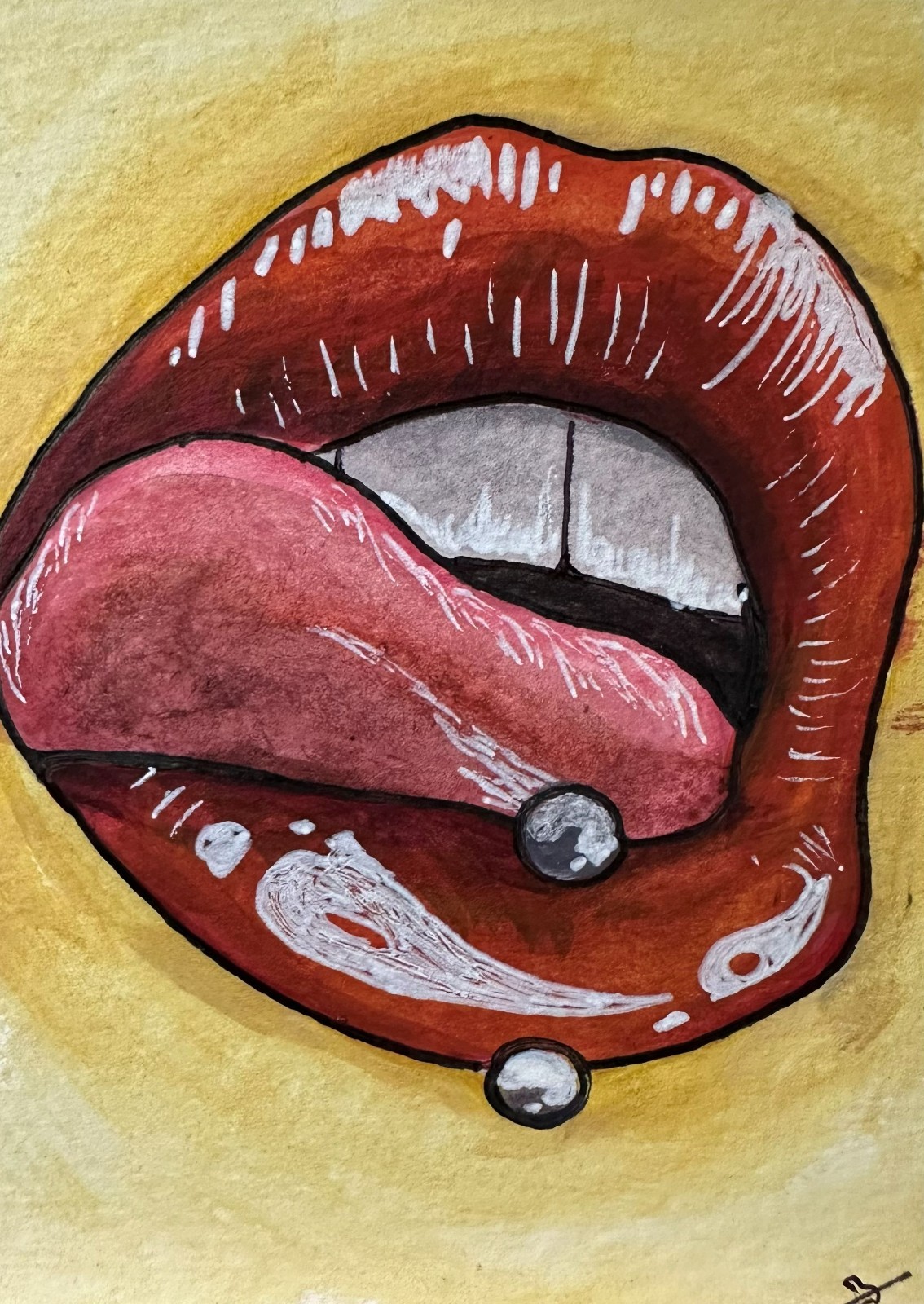 ACEO Original Acrylic Painting Female Red Lips Tongue Piercing Faces Pop Art