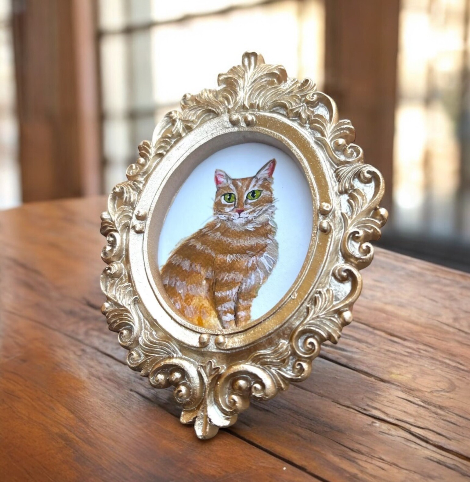 Tabby Cat watercolor art print in mini gold ornate frame, Gift, Decor, Pet