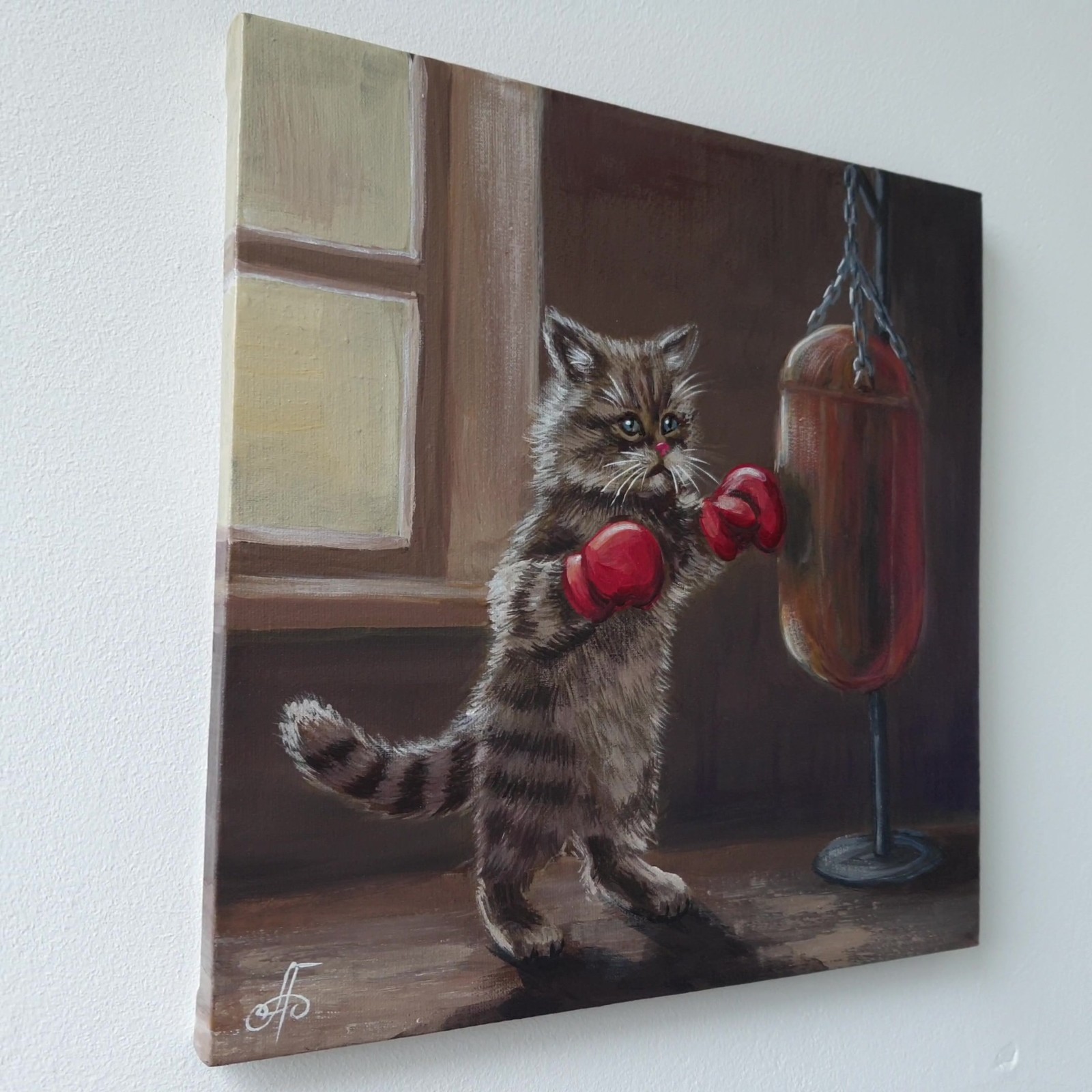 Funny Cat Boxing Oil Painting Original Animal Art Canvas Cute Kitten 10×10