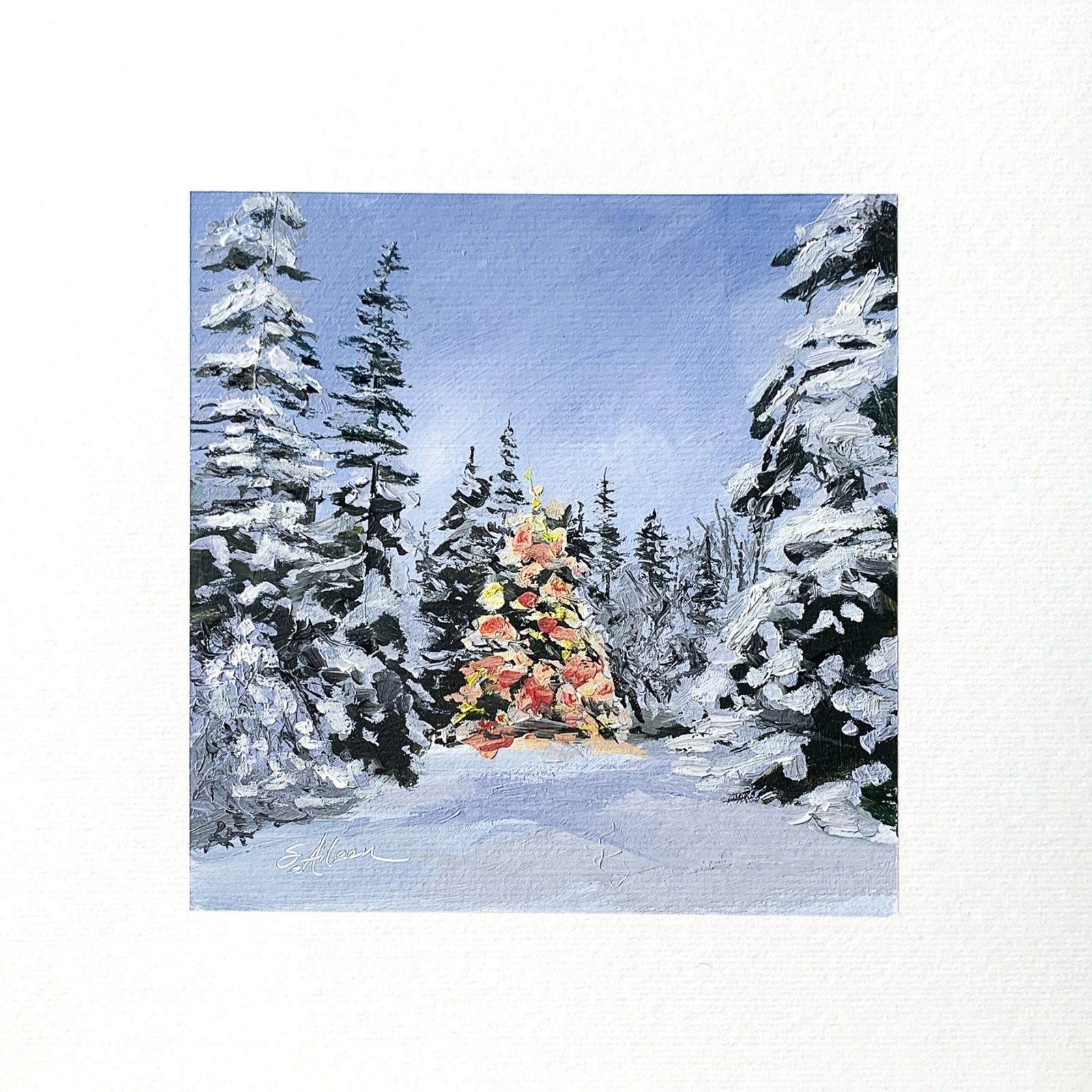 8×8 Original Oil Painting Christmas Tree w/ Lights Forest Calm Nocturne Signed
