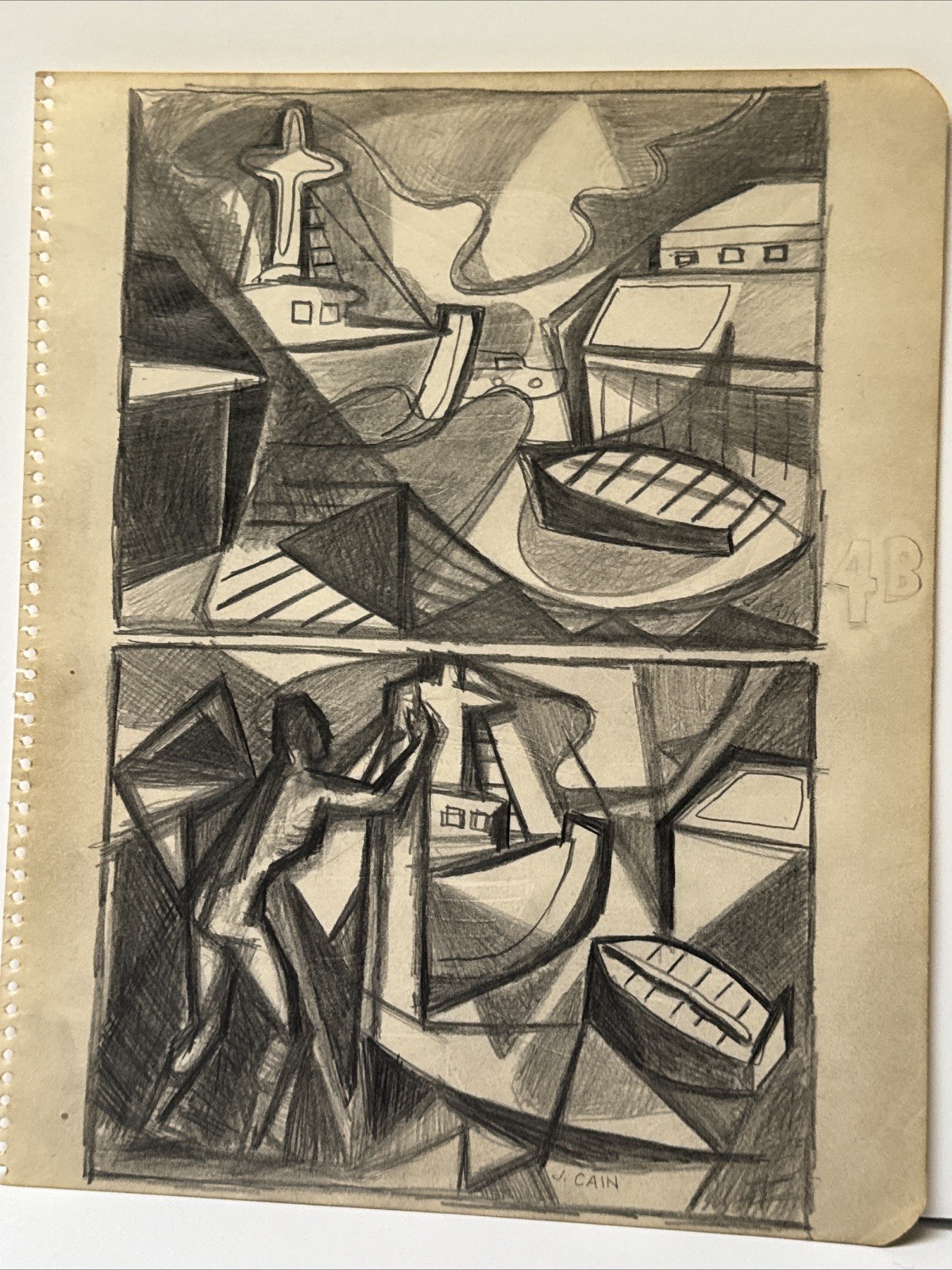 Mid Century Painting Study Drawing Cubist Fisherman Marina Port Jo Cain Famous