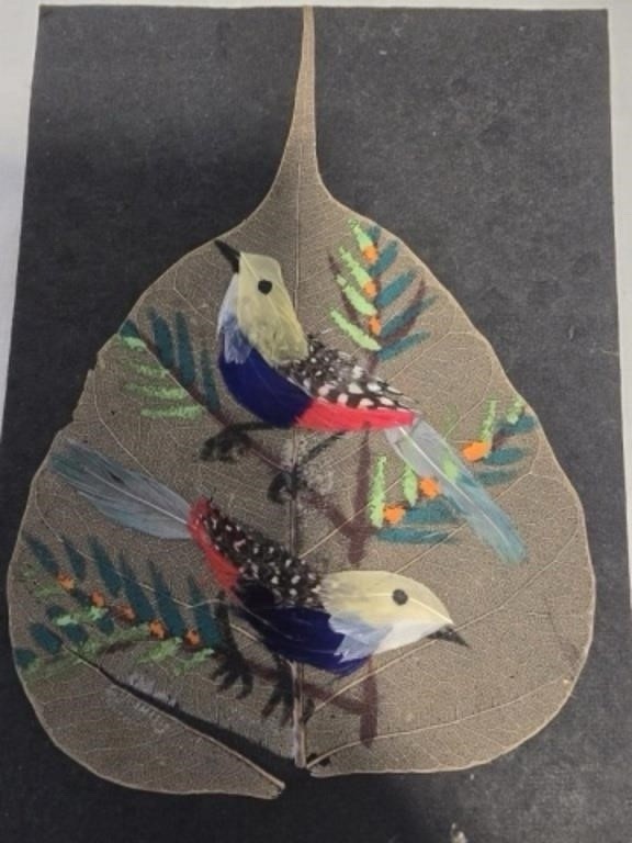 VTG Hand Painted Birds Skeleton Pipal Tree Leaf Floral Oil Art India Multicolor