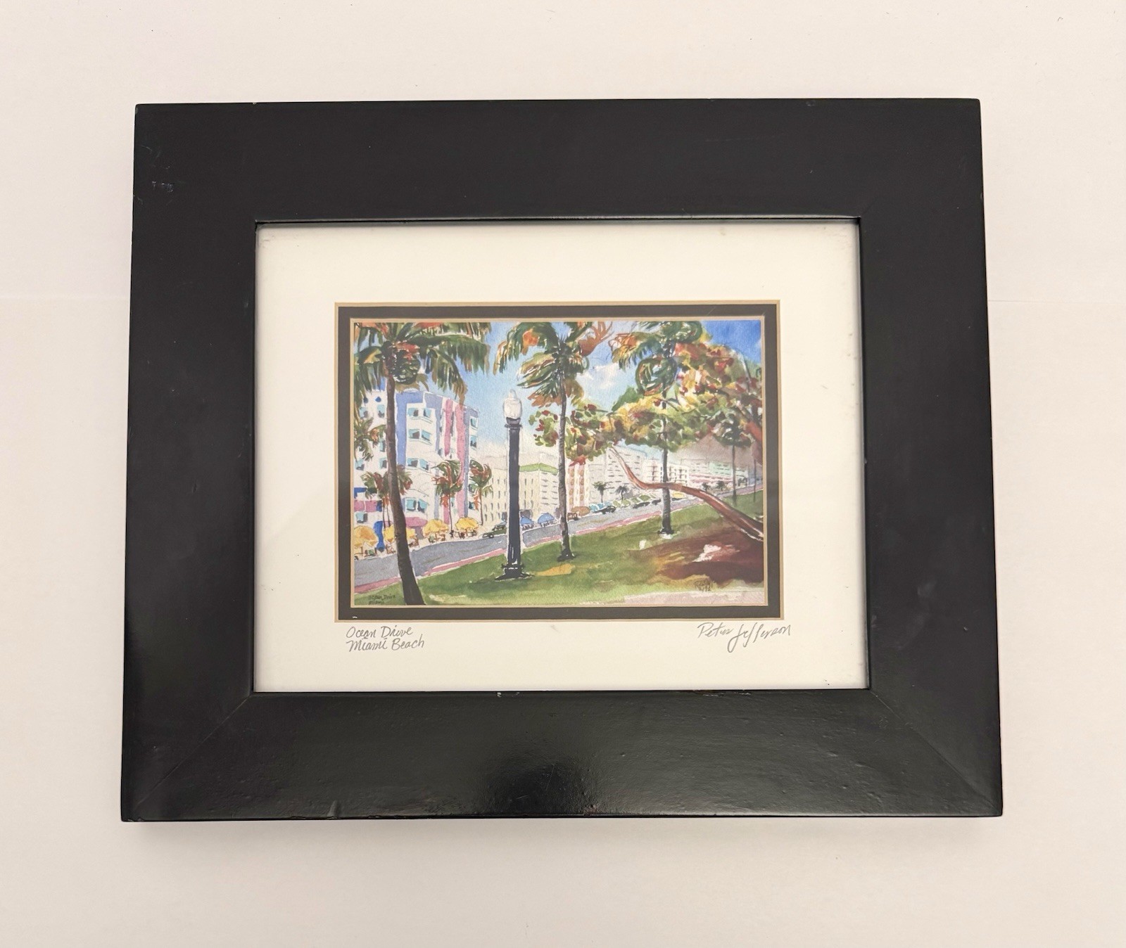 Vintage Ocean Drive Miami Beach Watercolor Painting By Peter Jefferson Signed.