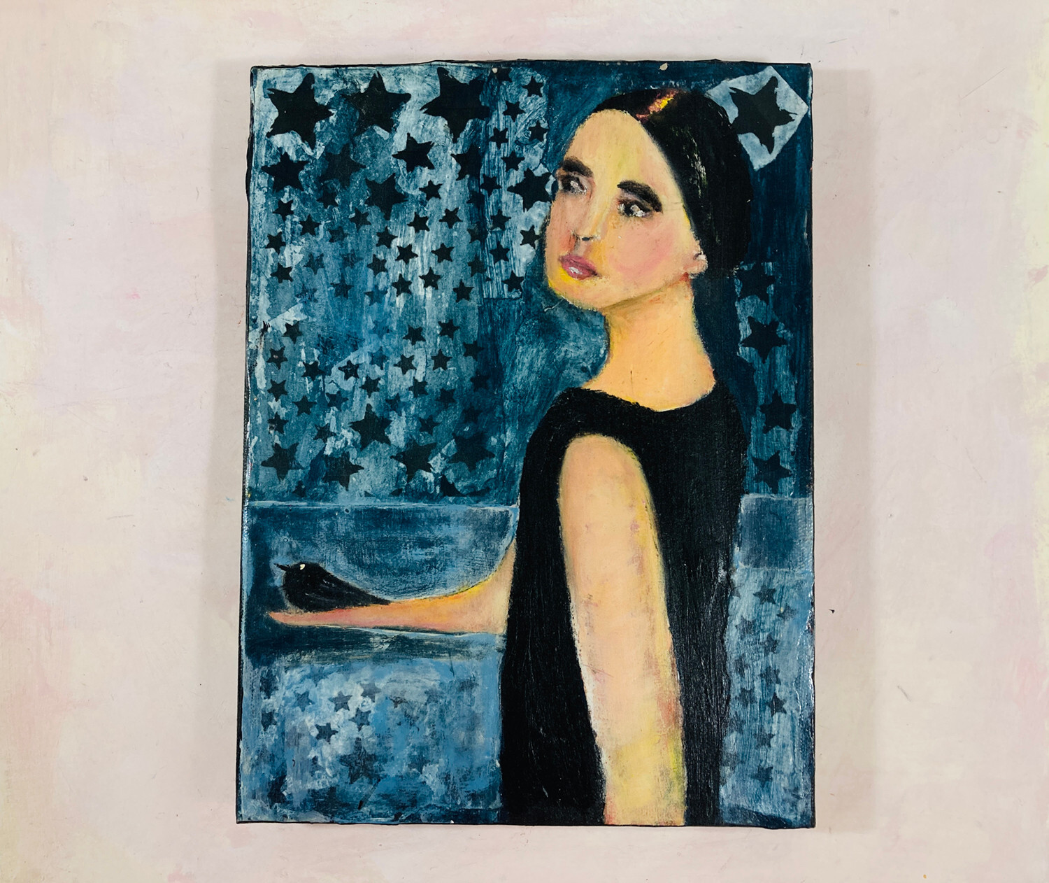 Original Acrylic Collage Blue Figure Painting Woman Gift Bird Stars Canvas Art