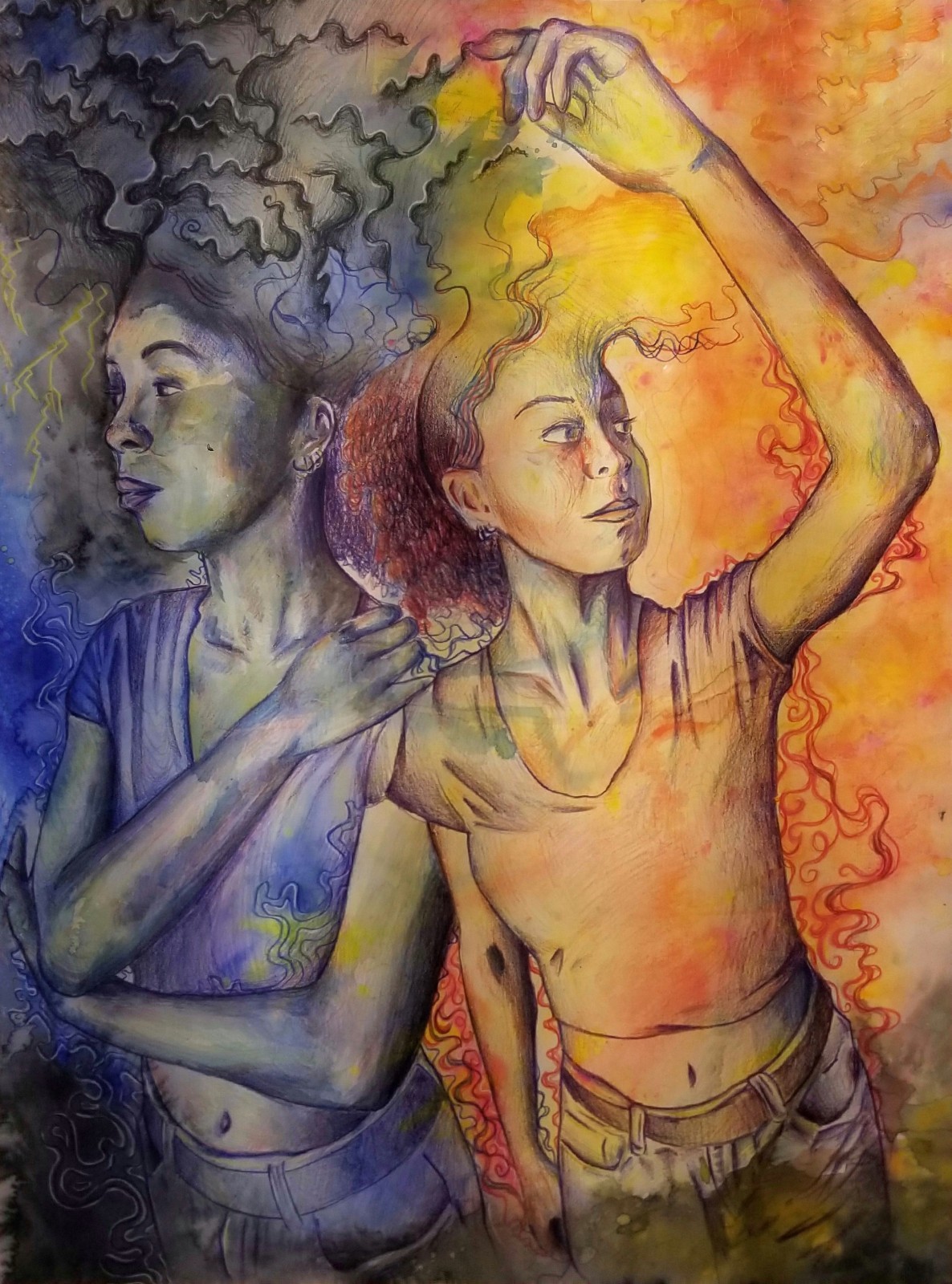 Original 22×30″ Ink Watercolor Painting on Paper «Mindset» Artist Signed