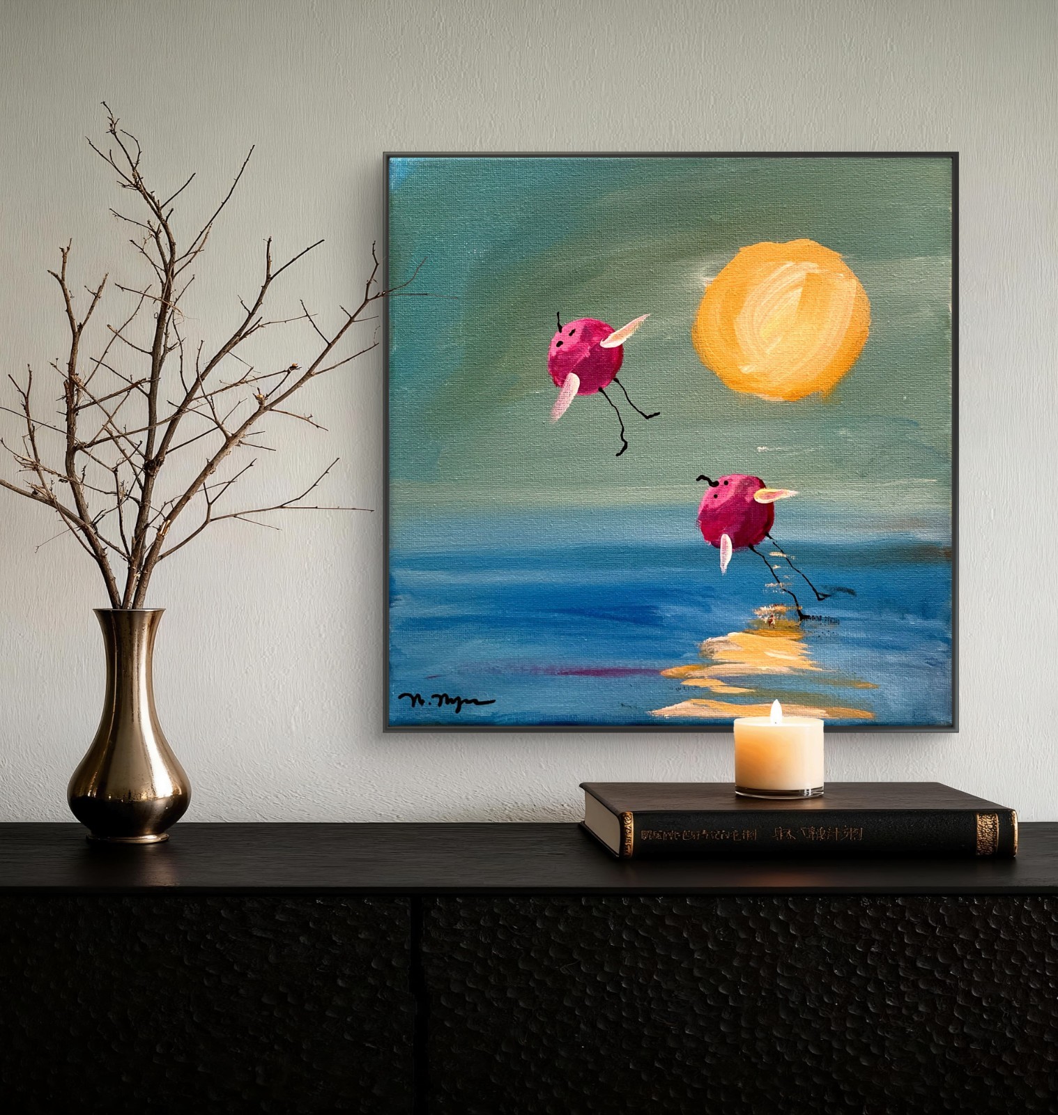 Mary Myers Original Abstract Expressionism 10×10 Flying Beach Birds Series