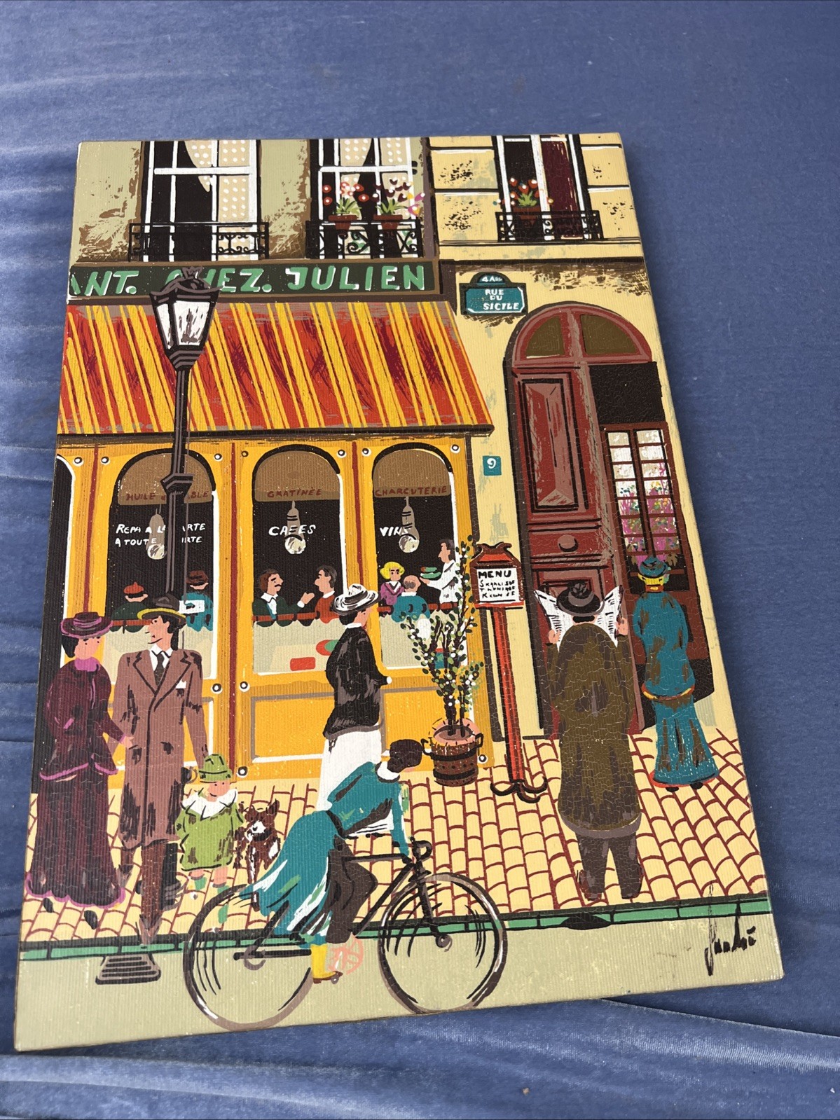 Original Signed French Paris Street Scene Painting Restaurant Julien 1992 16×11