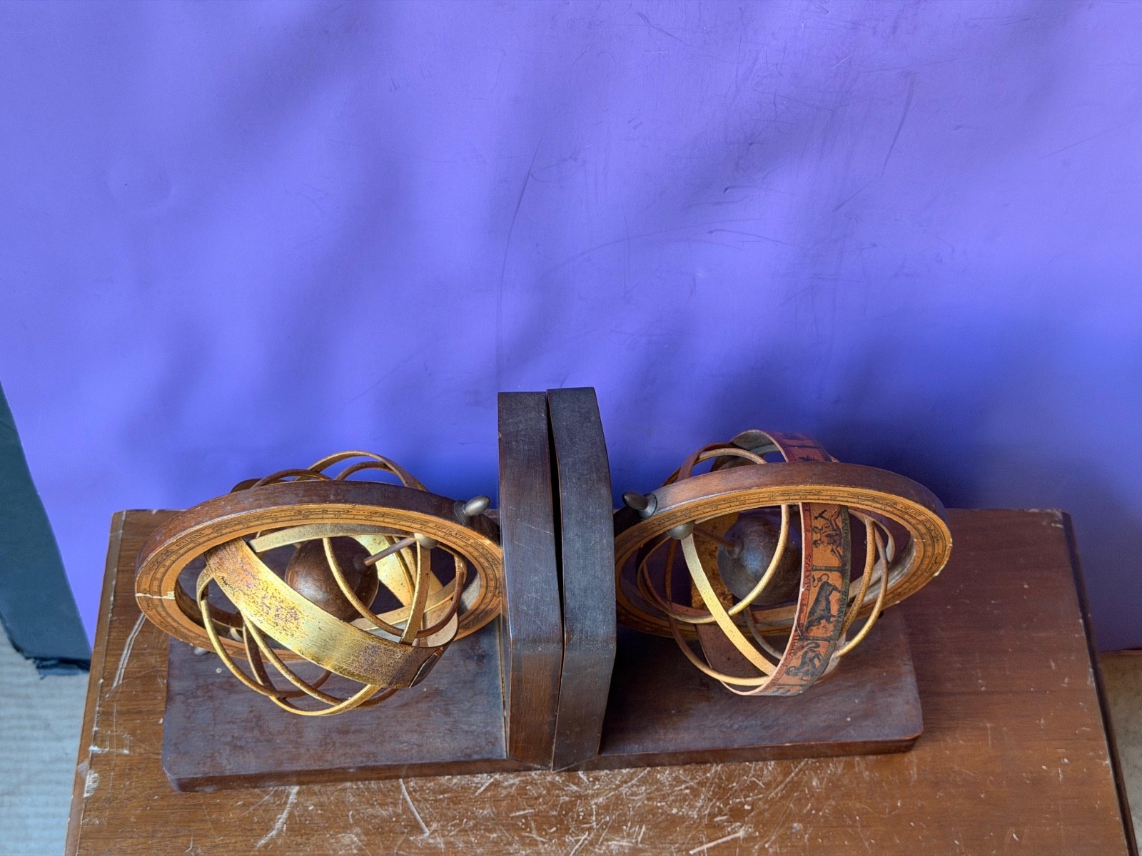 Vintage Wood Armillary Sphere Bookends Zodiac Astrological Globe Pair 6″