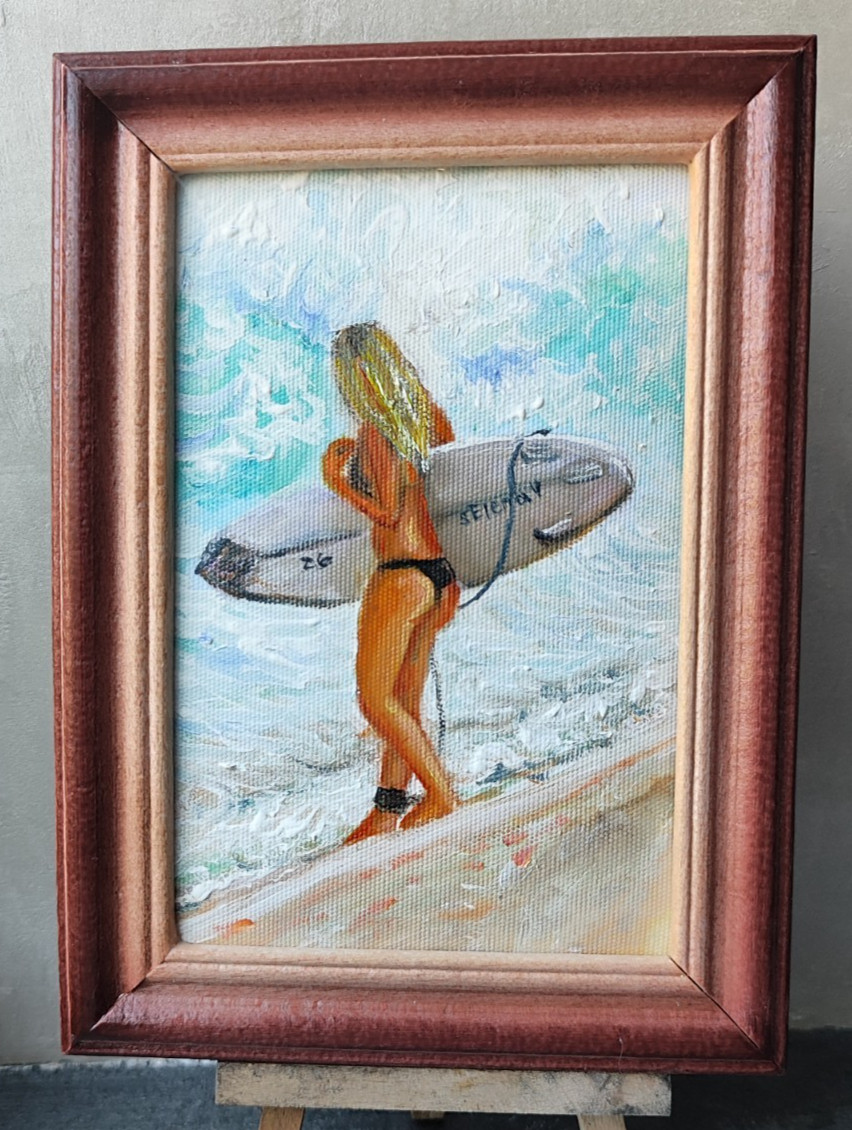 Surfer Girl Oil Painting Original Beach Wall Art Impasto Female Surfing Canvas