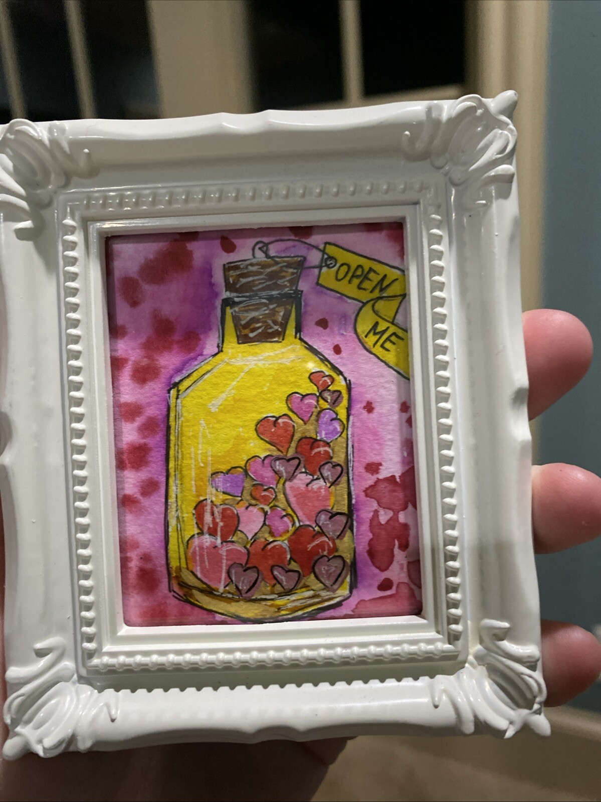 Hearts In The Bottle,love,Watercolor Painting On Paper,framed,cute,miniature,3/4