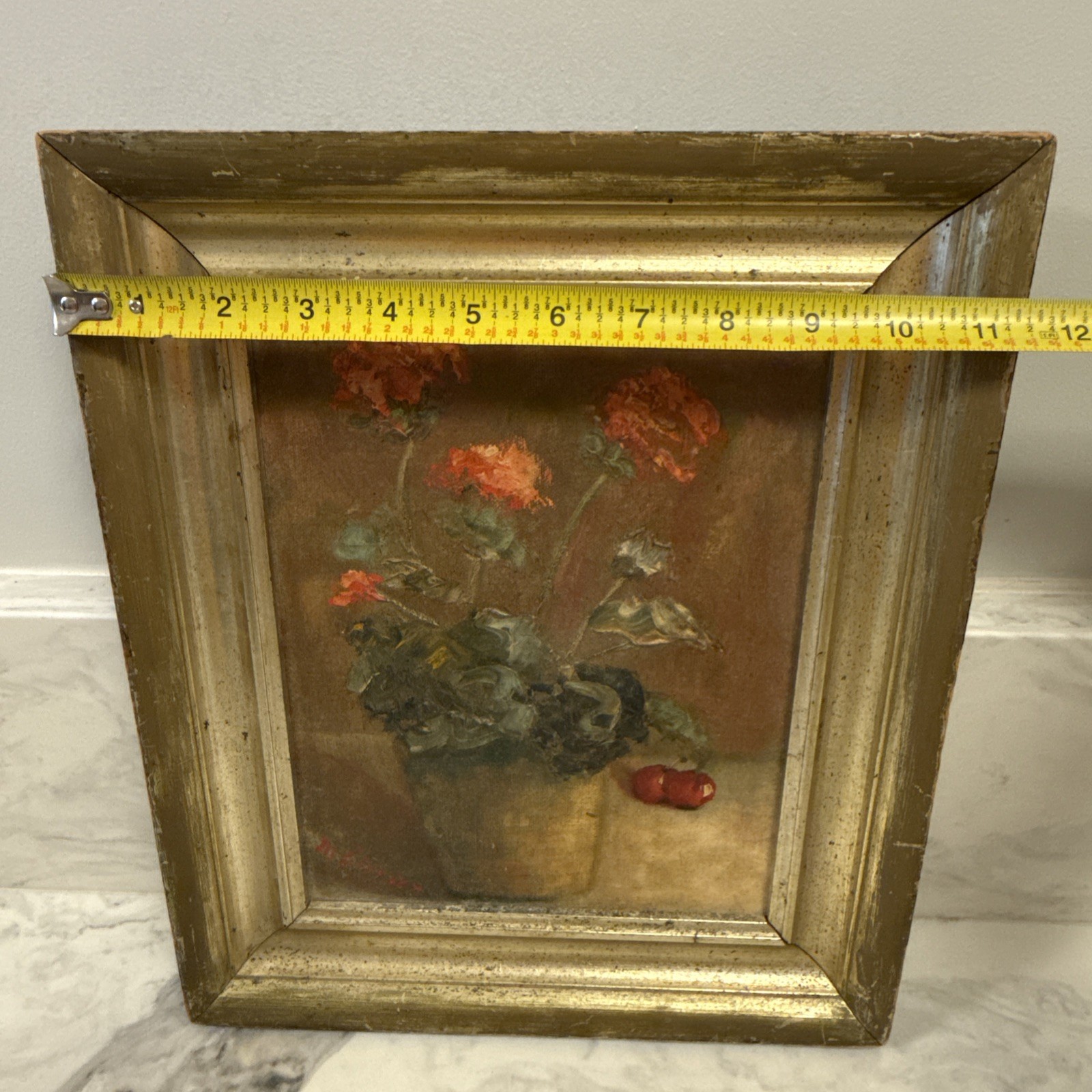 Small Antique Still Life Floral Oil Painting On Canvas Framed Signed 13.5”