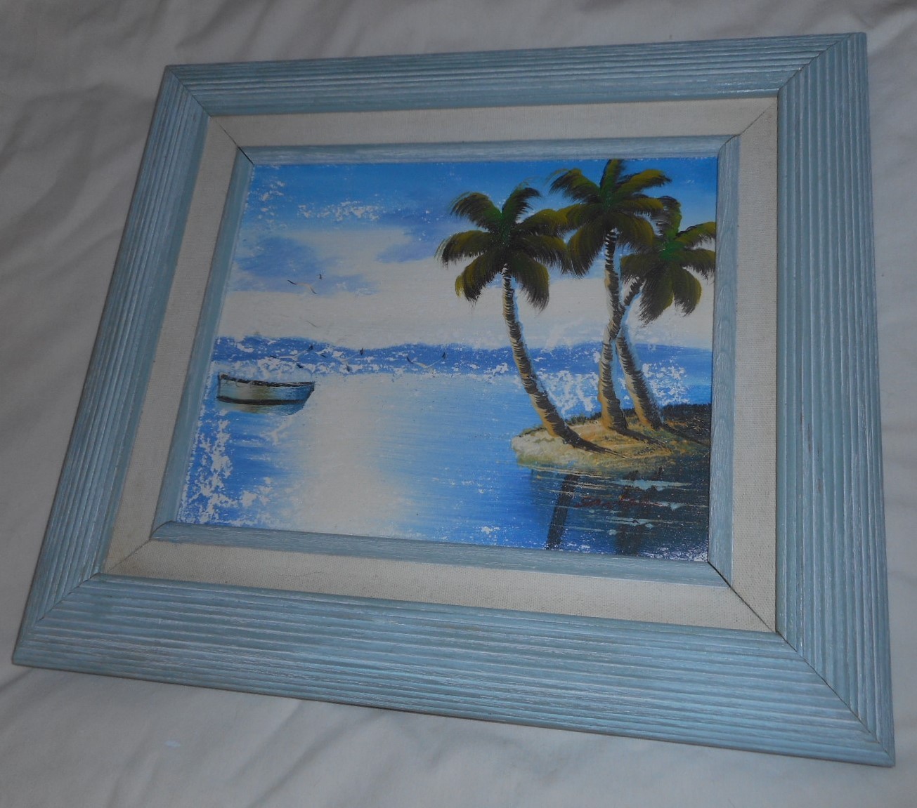 Coastal Beach Hand Painted Oil Painting Palm Trees & Ocean Scene Signed 15″x13″H