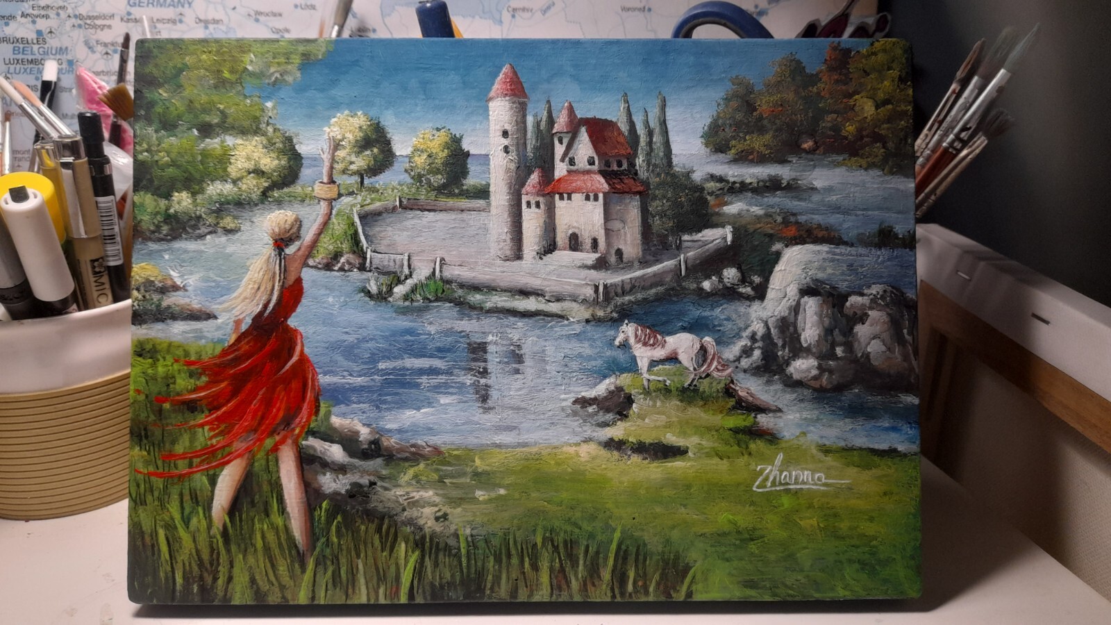 Original Acrylic Fine Art Fantasy Fairy Landscape Girl Painting on wooden board