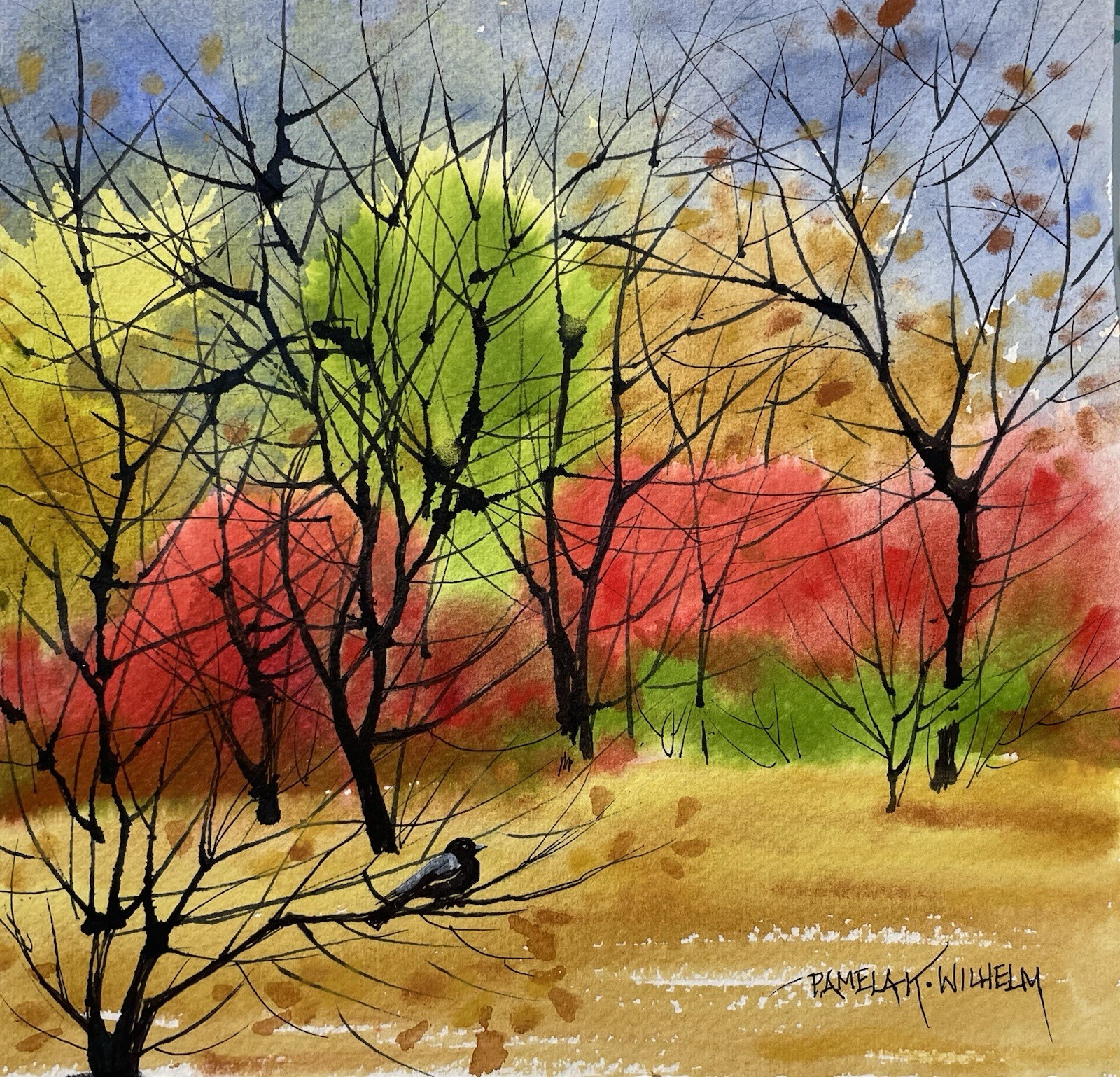 Pamela Wilhelm original Watercolor 7×7” Red Green Gold Trees Black Trees Bird