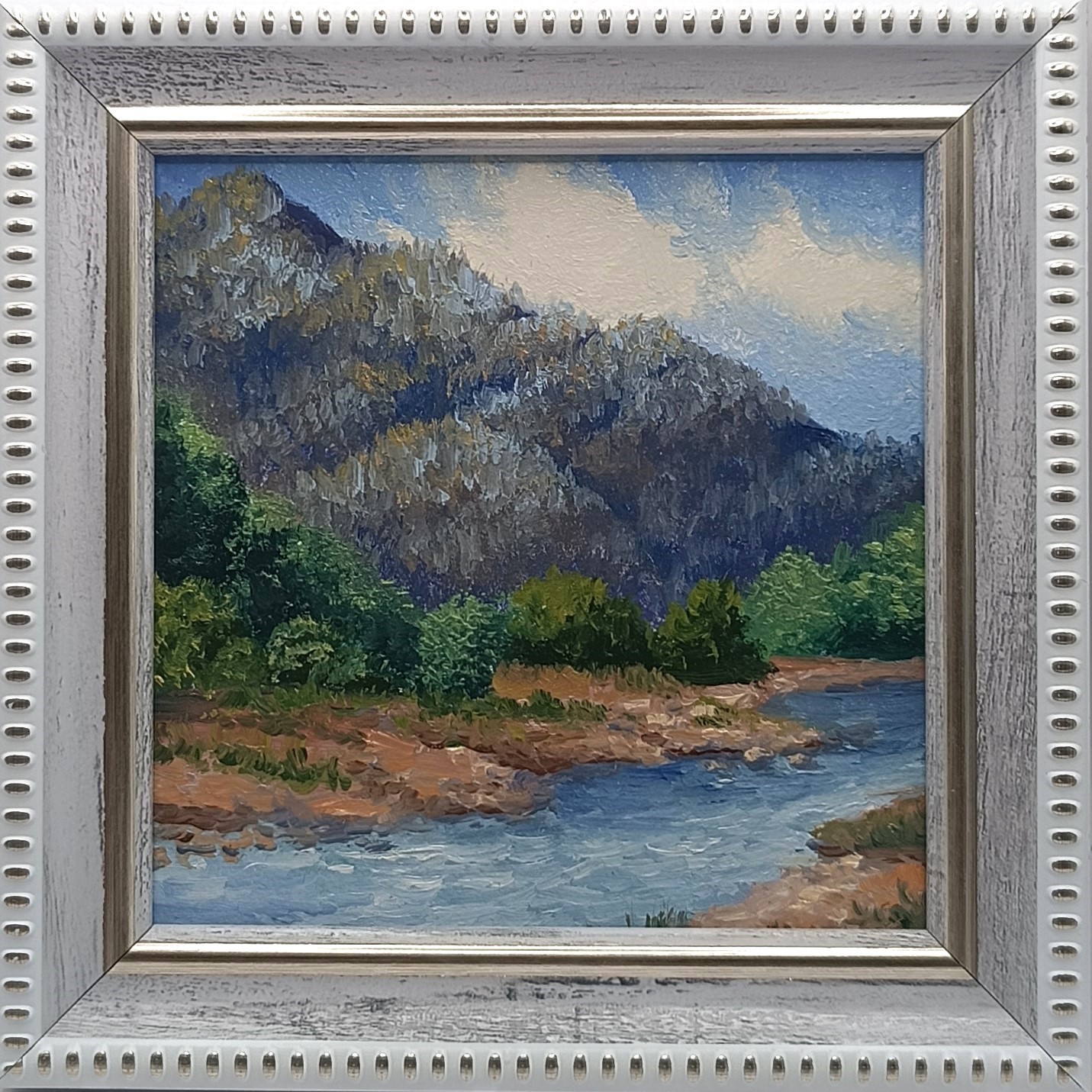 Original Miniature Mountain River Oil Painting Framed Landscape Nature Art 4×4