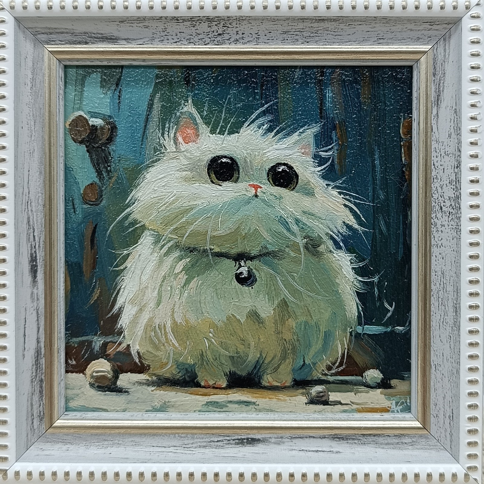 Original oil painting framed portrait art Cat 4×4 inches