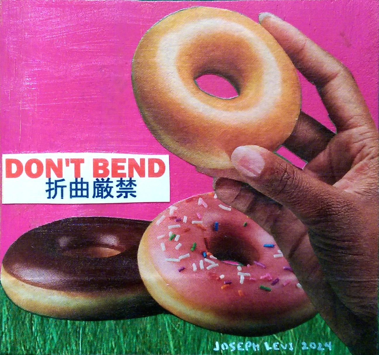Colorful Modern Food Art Donut Hand Original Mixed Media Collage on Wood Panel