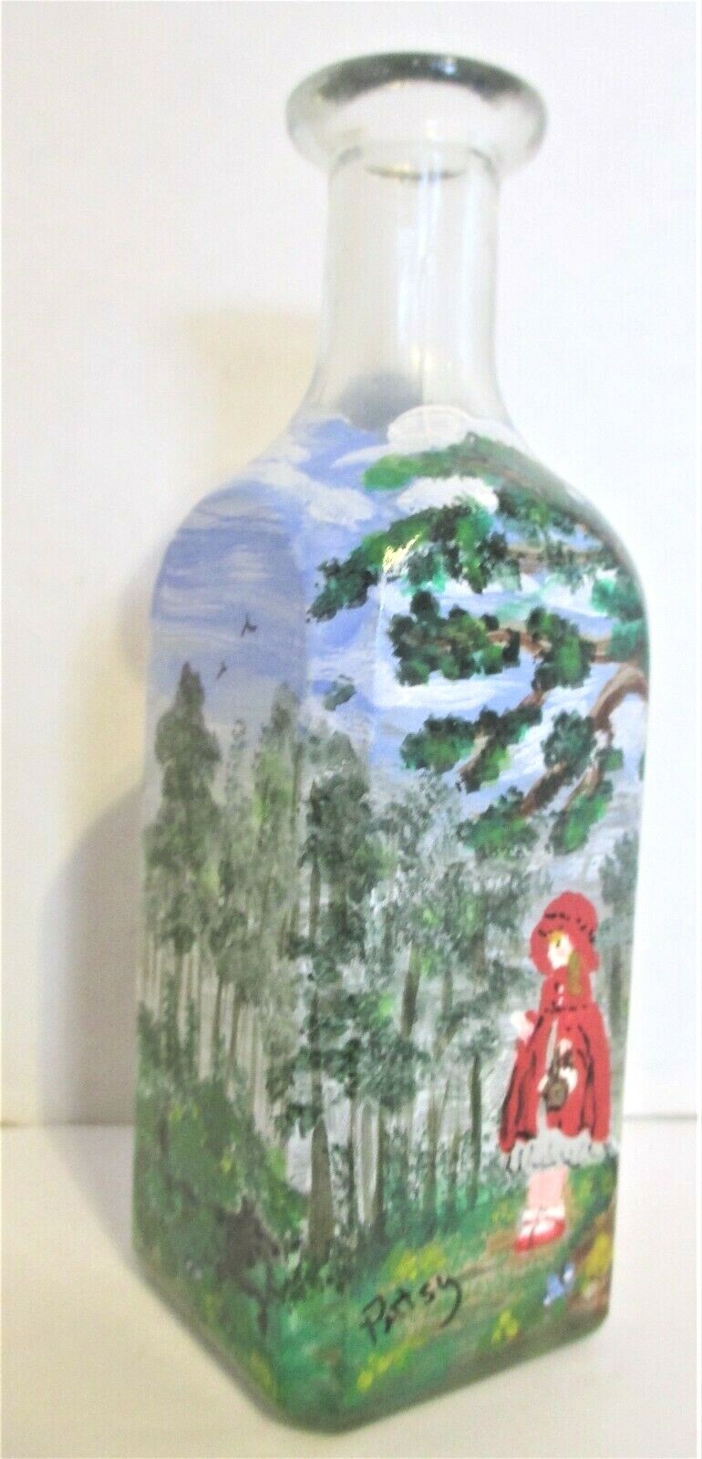UNIQUE Handpainted Artist Signed Square 5″ GLASS BOTTLE Red Riding Hood Scenes