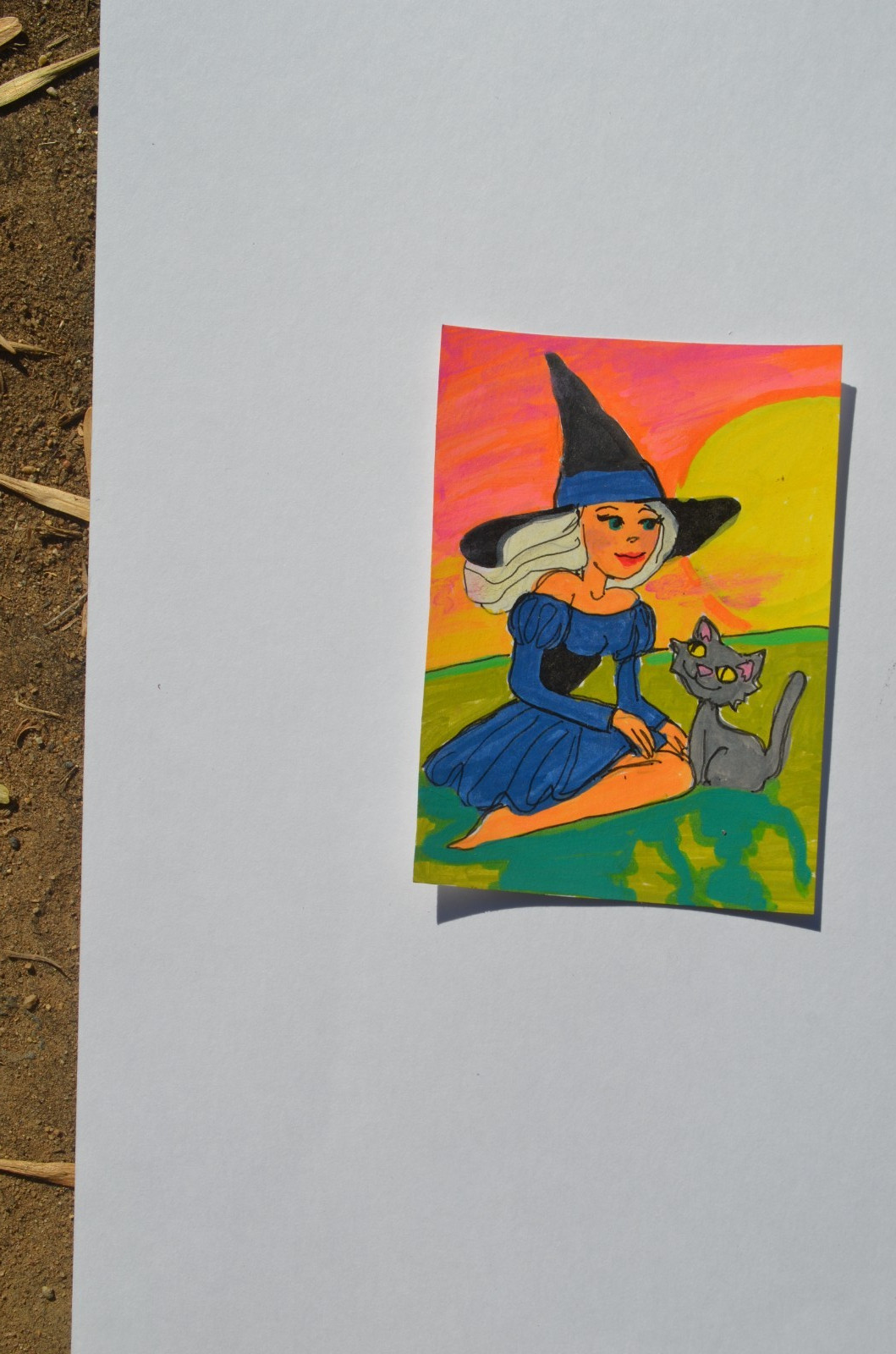 ACEO Original Witch & Cat Sunset Halloween Original not a print mixed media