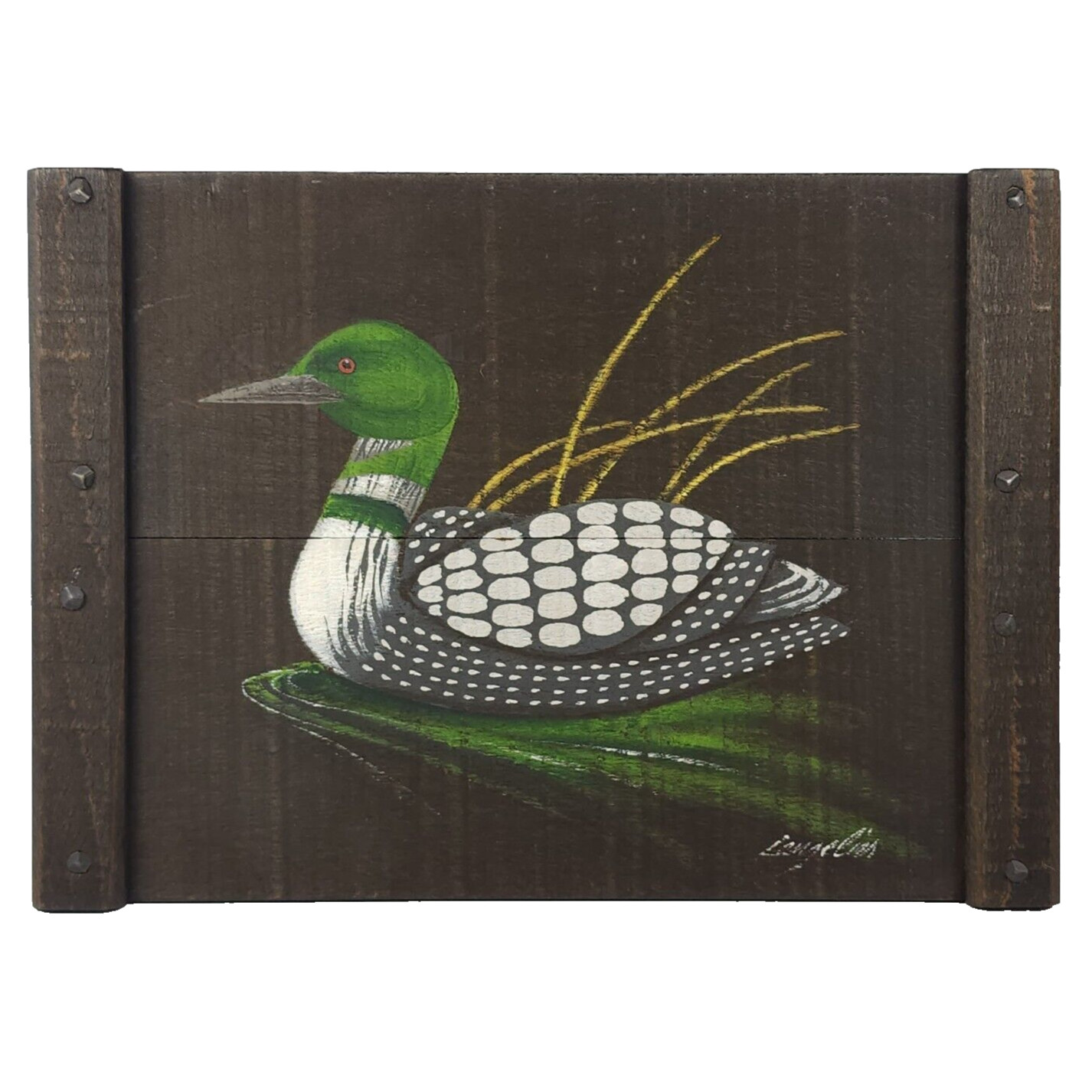 Vintage Hand Painted Loon Painting Rustic Wood Joyce Langelier Folk Art 11.5″H