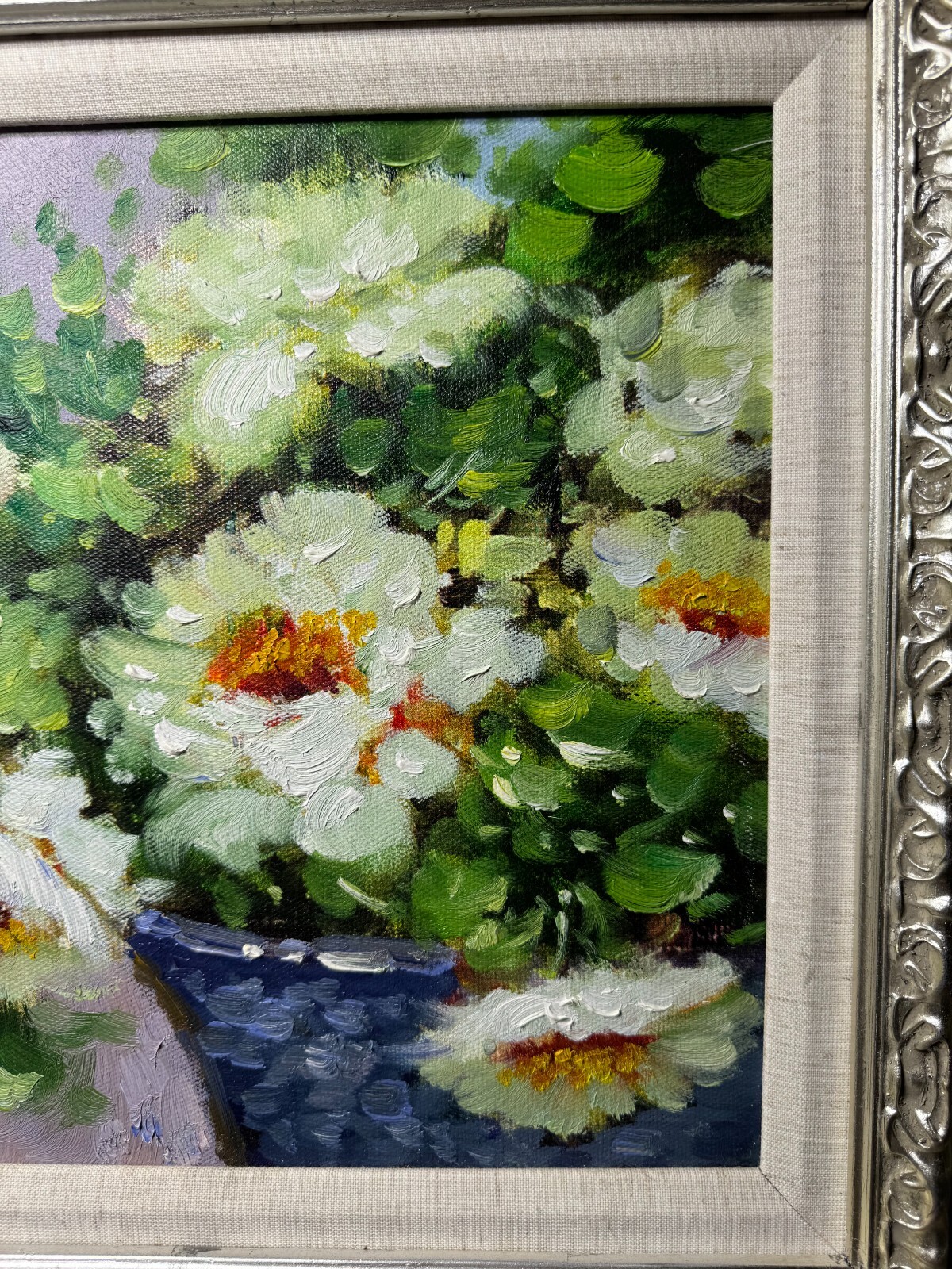 «Flowers In Blue Basket Scene» Oil On Canvas Painting – Signed And Framed
