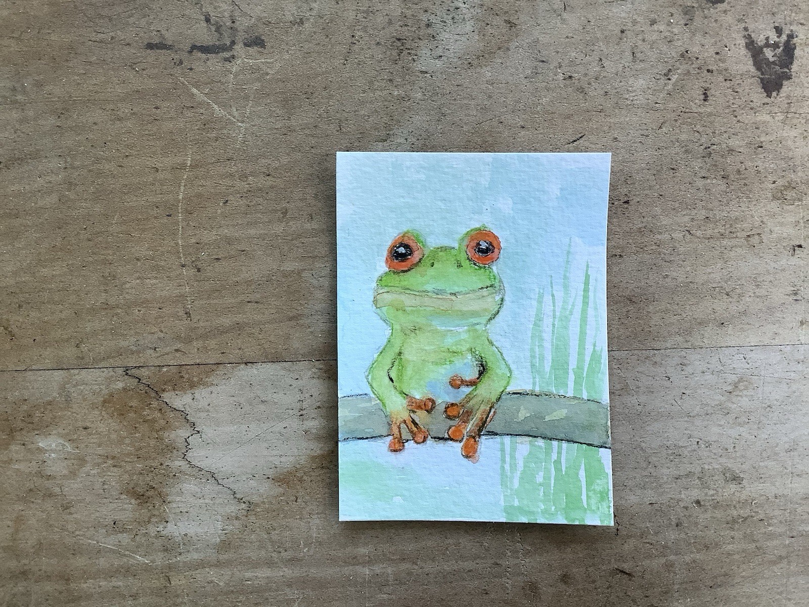 ACEO Gouache Painting Green Tree Frog By Kenna 2.5” X 3.5” Signed Original ÀTC