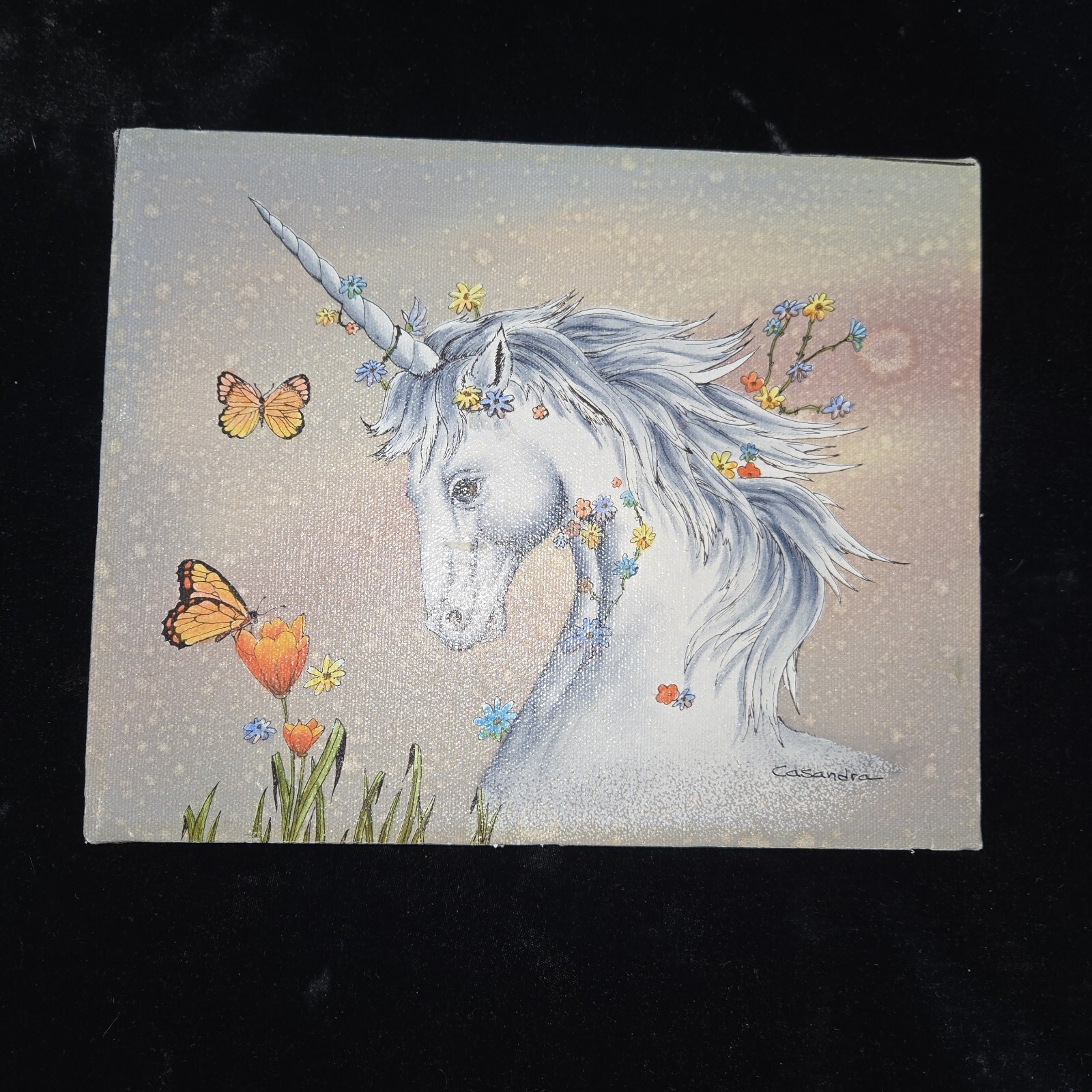 Vintage 8×10 Oil Painting Casandra Artistic Interiors Unicorn Flowers Butterfly
