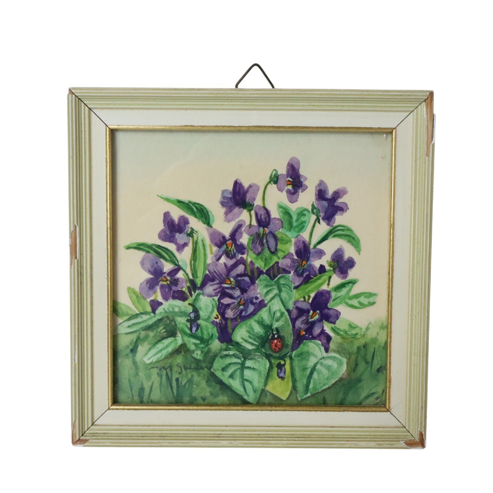 Vintage Original Watercolor Purple Violets Flower Ladybug Framed Painting Signed