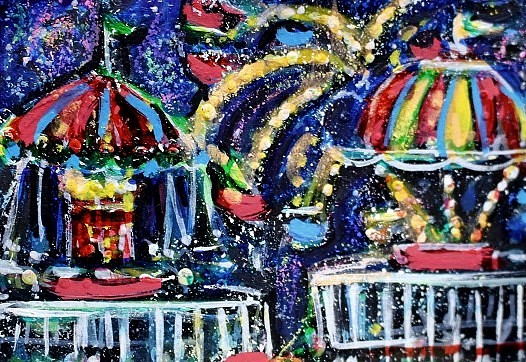 ORIGINAL ACEO Painting CARNIVAL Fair Amusement Park Ocean City Rides Fun ATC ART