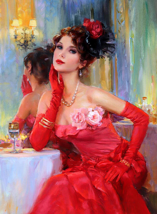 Elegant woman in red dress oil painting Giclee Art Printed on canvas L2698